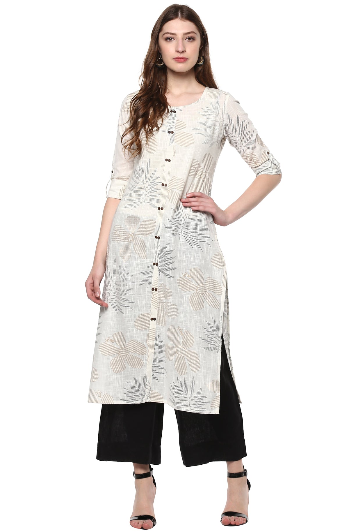 Janasya Off White Cotton Foil Print Straight kurta | Grocsy