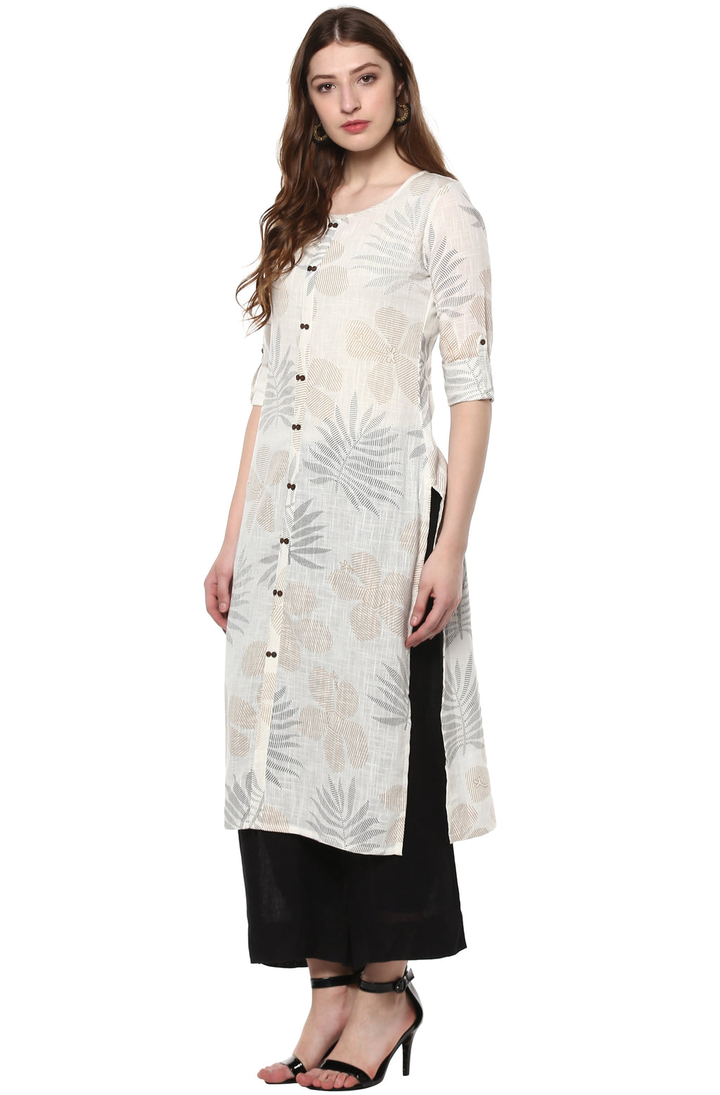 Janasya Off White Cotton Foil Print Straight kurta | Grocsy