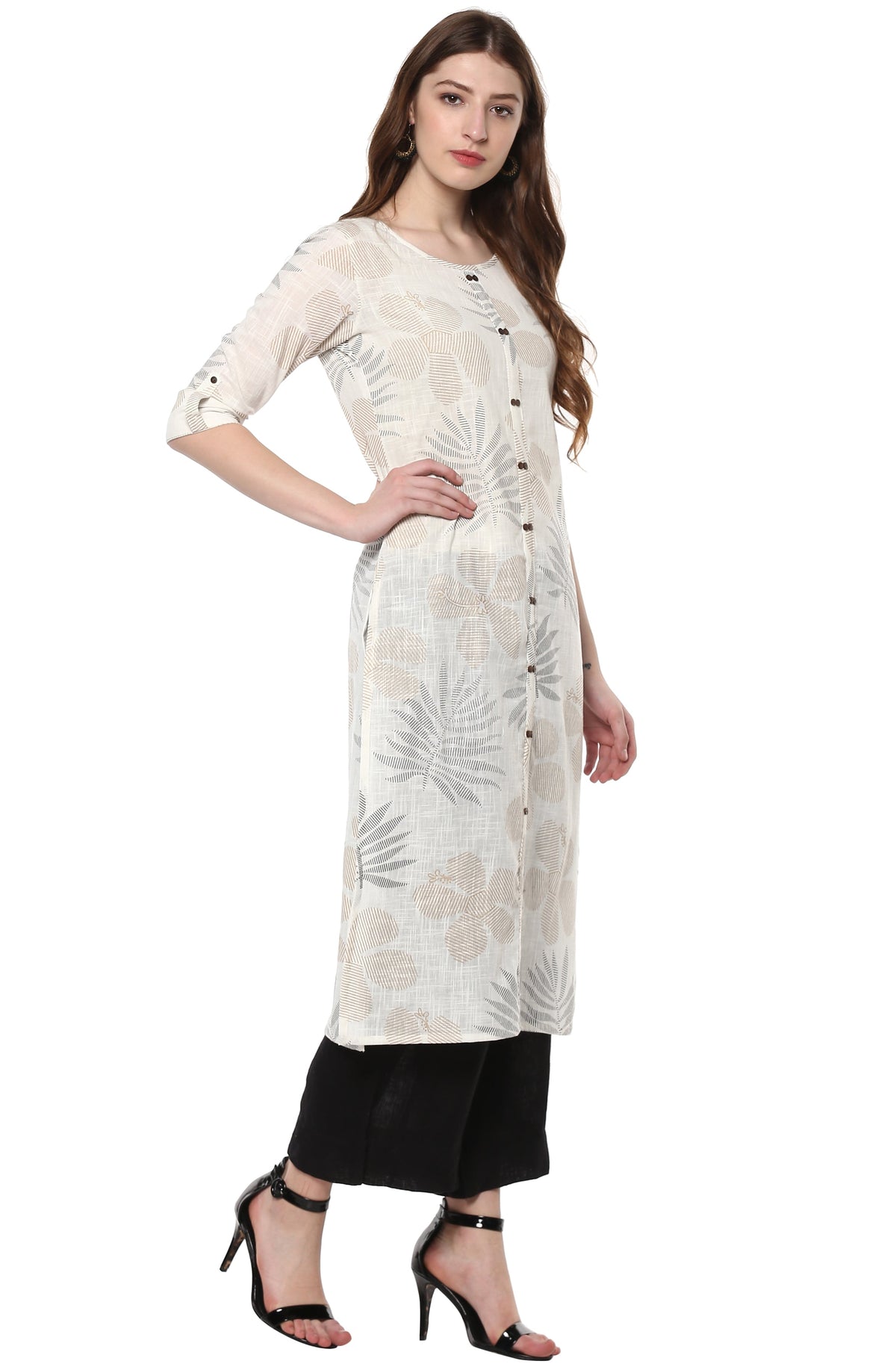 Janasya Off White Cotton Foil Print Straight kurta | Grocsy