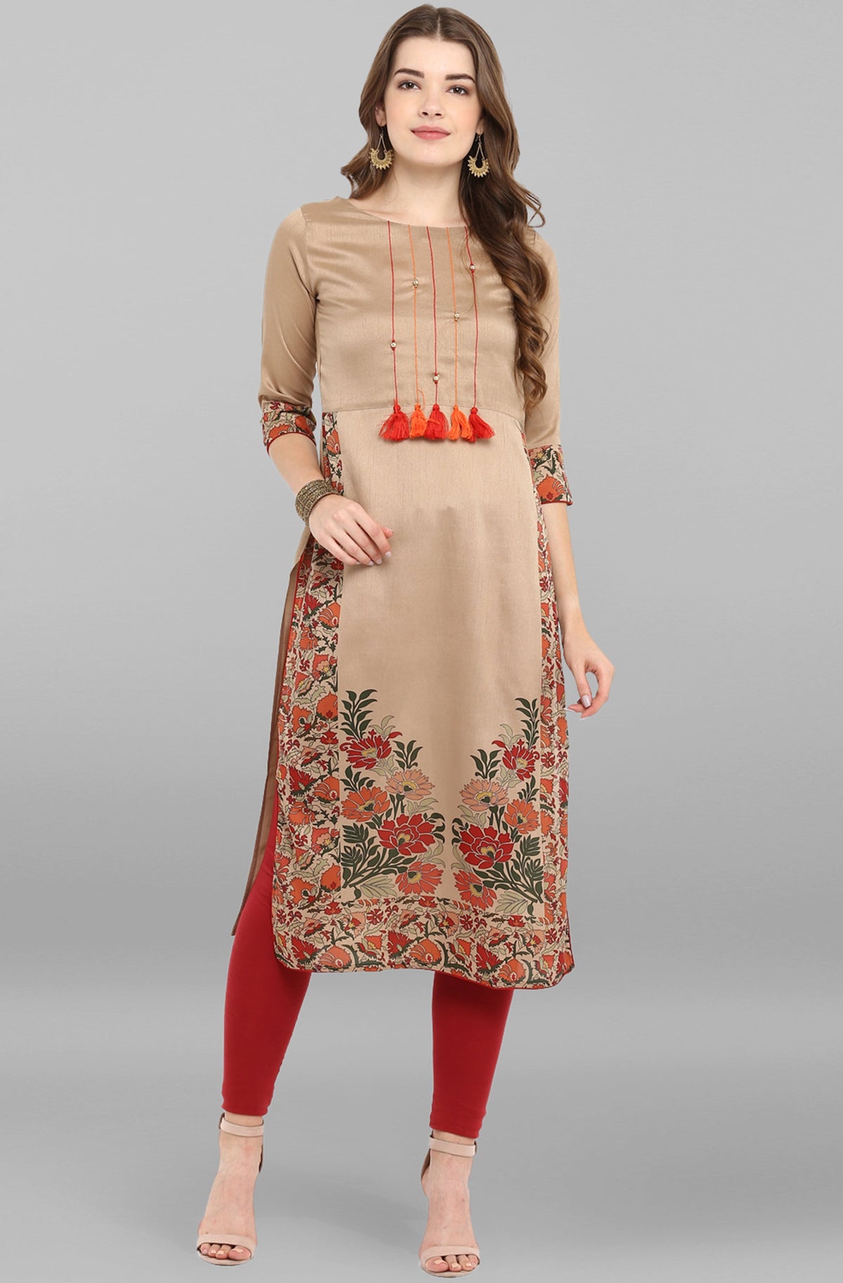 Janasya Women's Light Brown Poly Silk Floral Printed Casual Straight kurta | Grocsy