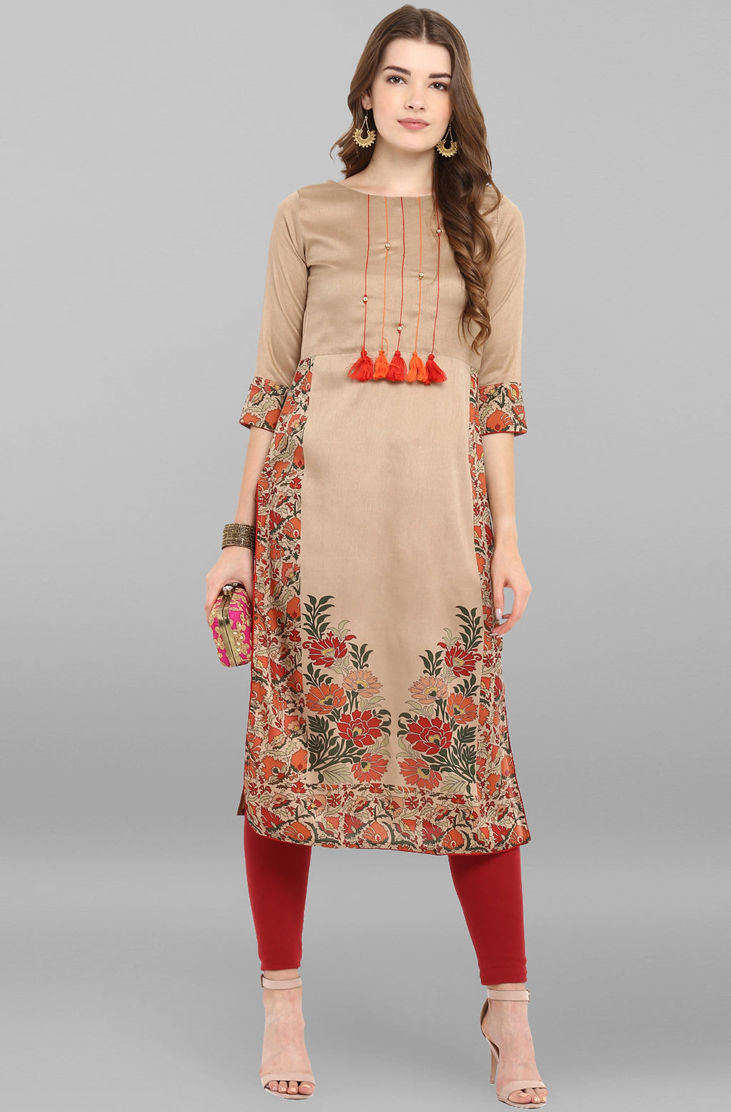 Janasya Women's Light Brown Poly Silk Floral Printed Casual Straight kurta | Grocsy