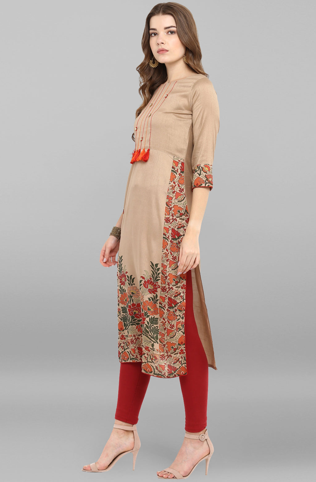 Janasya Women's Light Brown Poly Silk Floral Printed Casual Straight kurta | Grocsy
