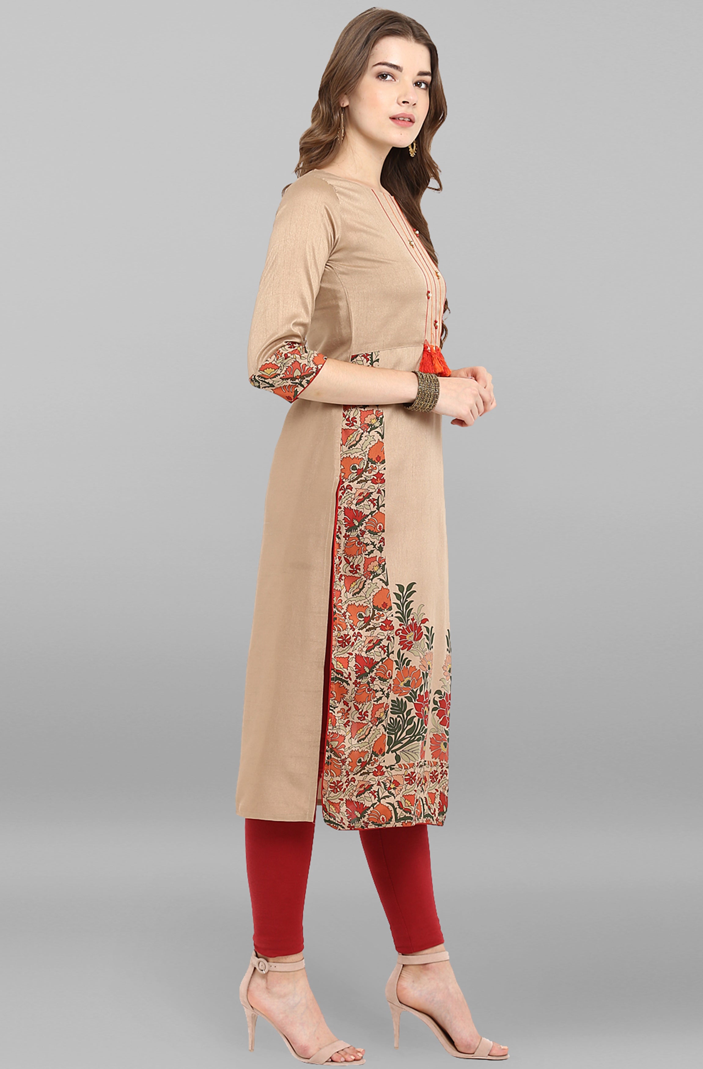 Janasya Women's Light Brown Poly Silk Floral Printed Casual Straight kurta | Grocsy