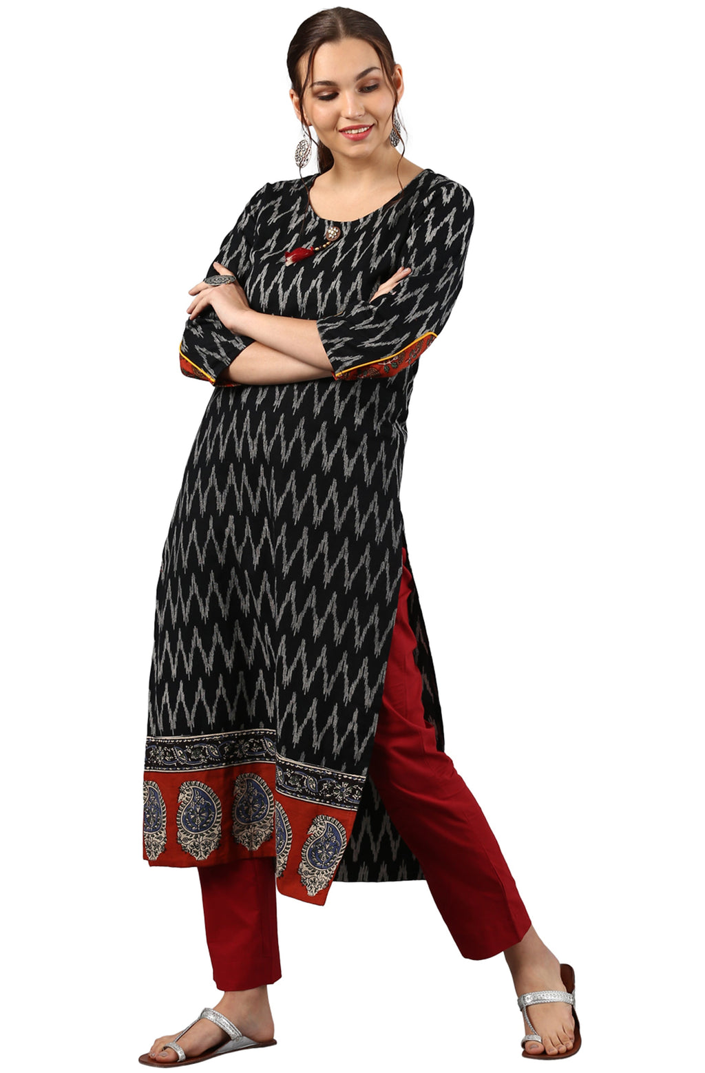 Janasya Black Cotton Ikat Straight kurta | Grocsy