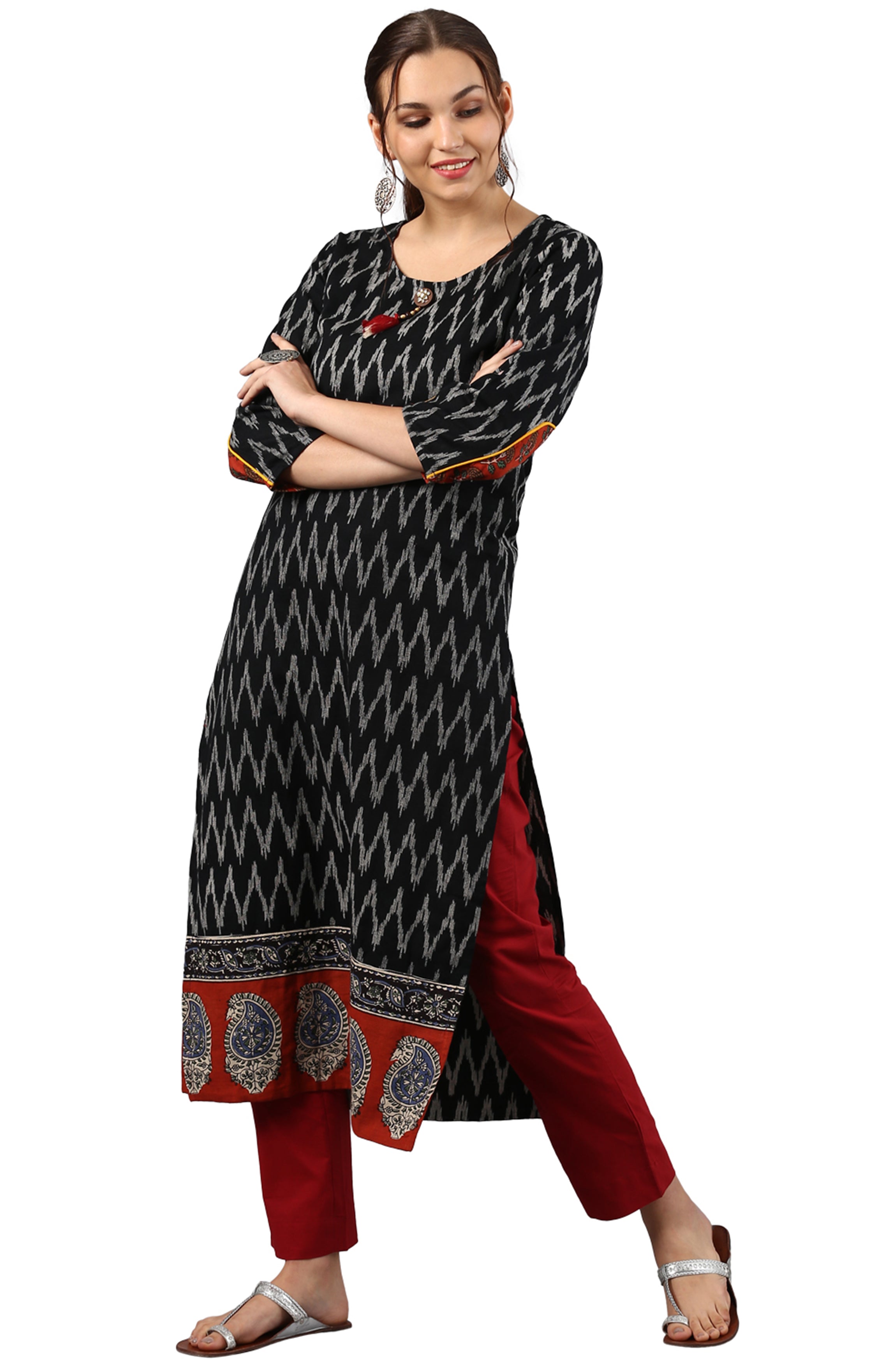 Janasya Black Cotton Ikat Straight kurta | Grocsy