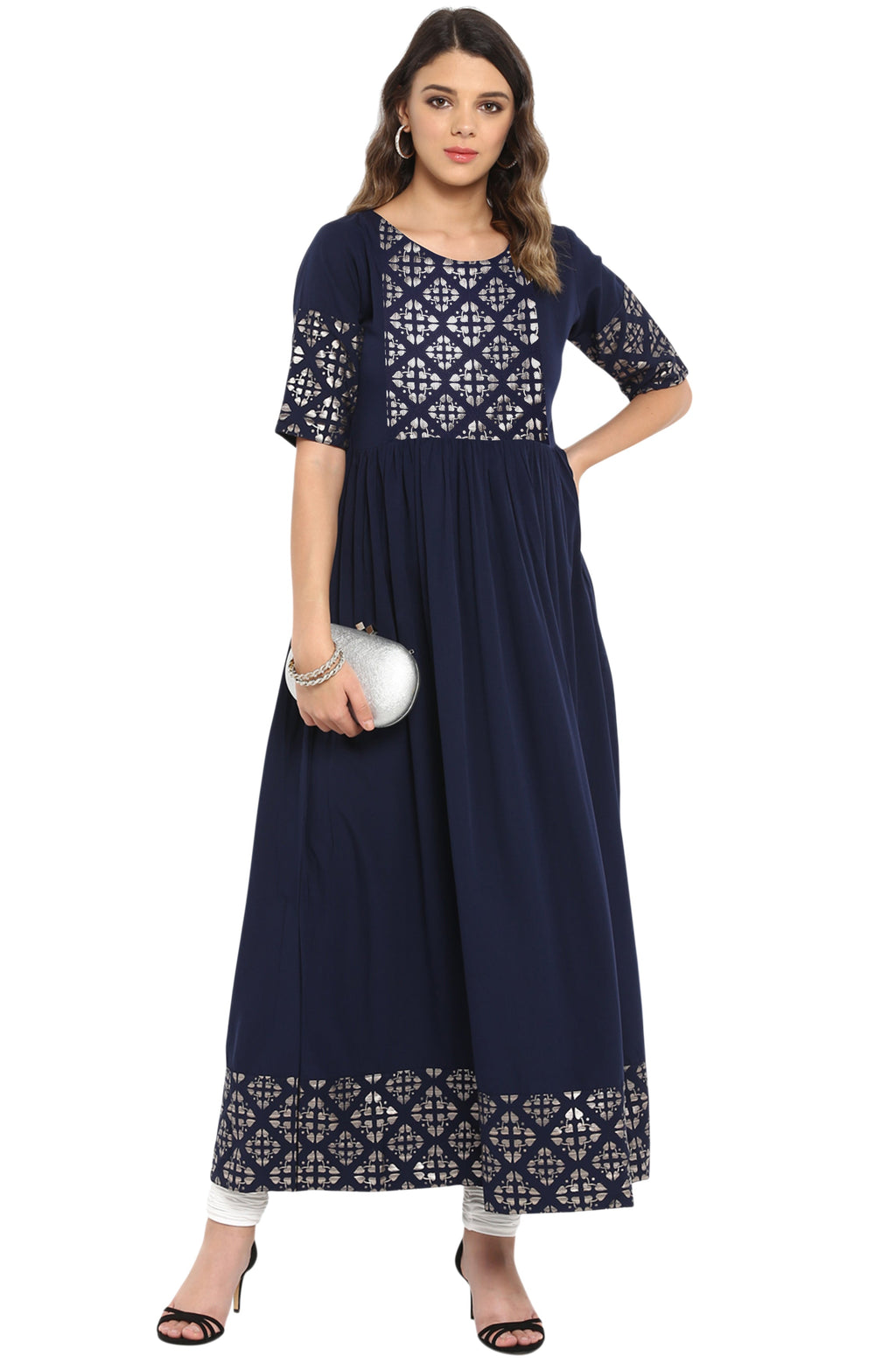 Janasya Dark Blue Poly Crepe Foil Print Flared kurta | Grocsy