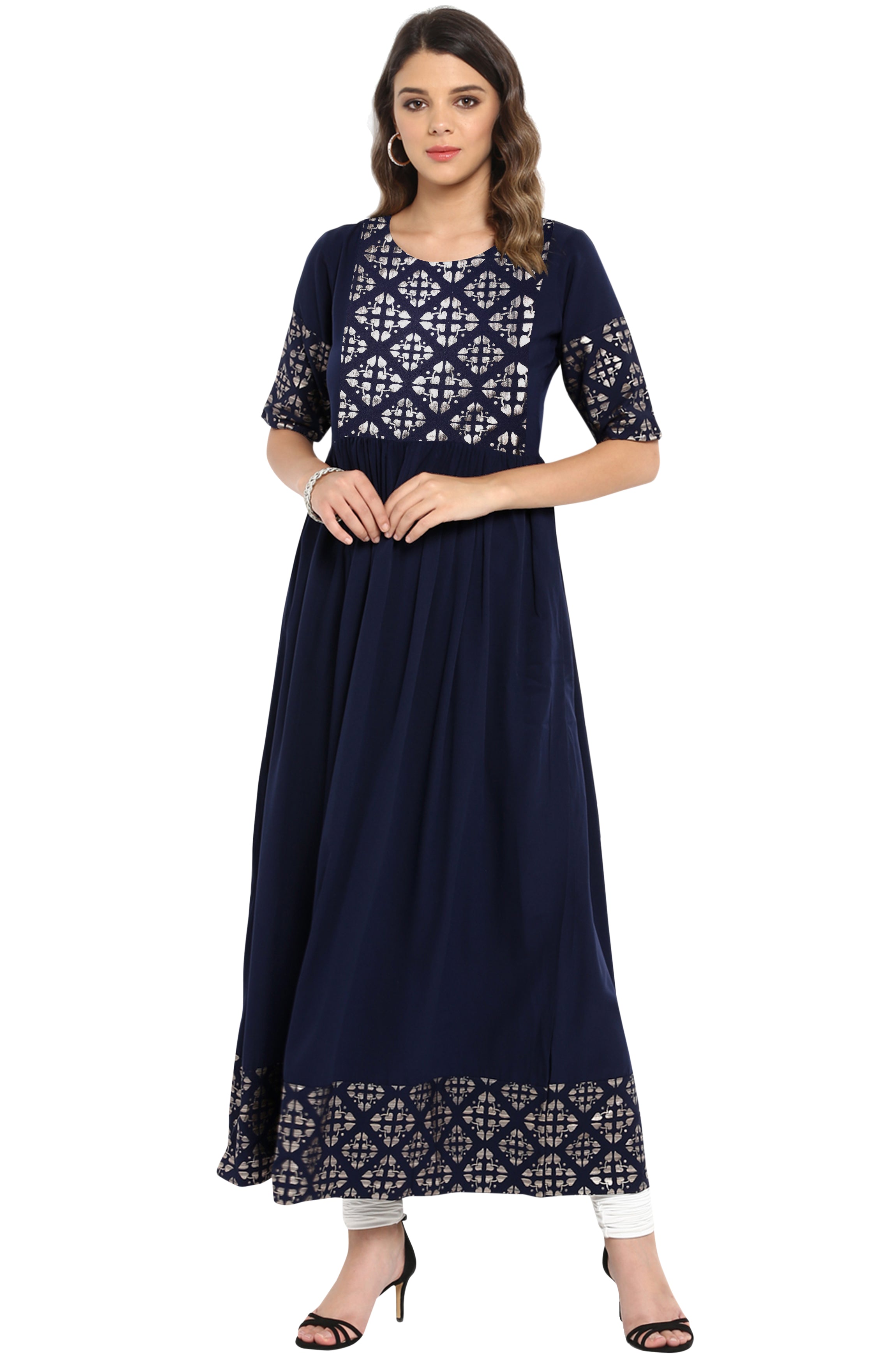 Janasya Dark Blue Poly Crepe Foil Print Flared kurta | Grocsy