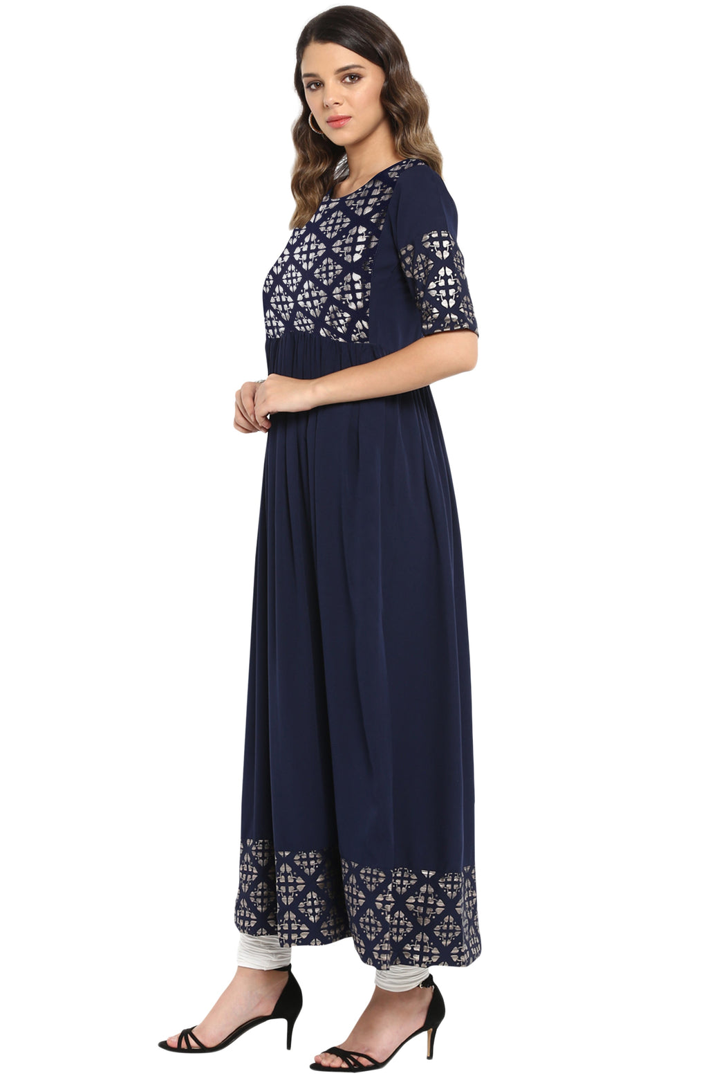 Janasya Dark Blue Poly Crepe Foil Print Flared kurta | Grocsy