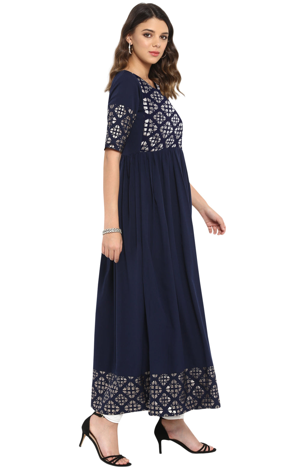 Janasya Dark Blue Poly Crepe Foil Print Flared kurta | Grocsy
