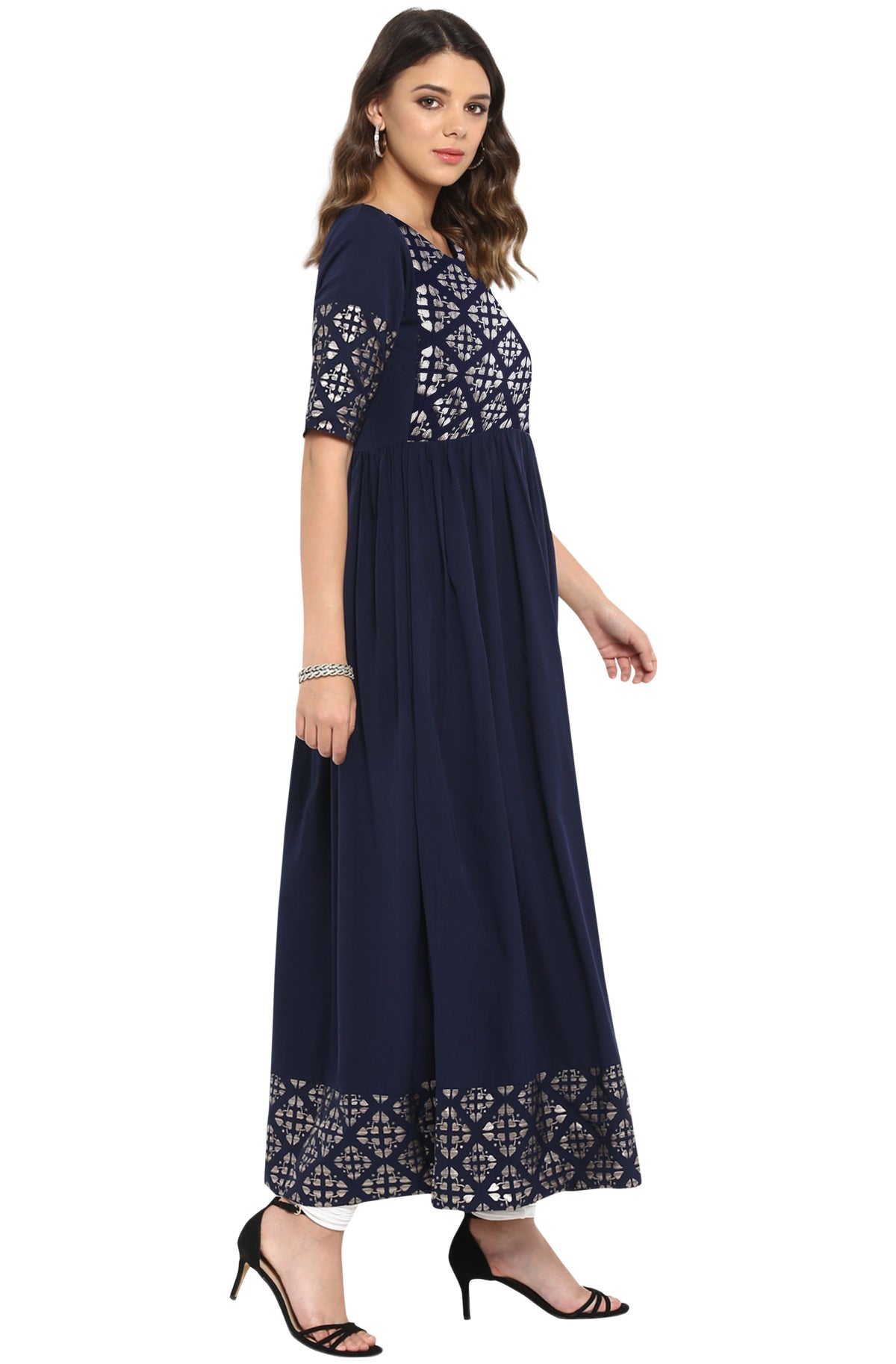 Janasya Dark Blue Poly Crepe Foil Print Flared kurta | Grocsy