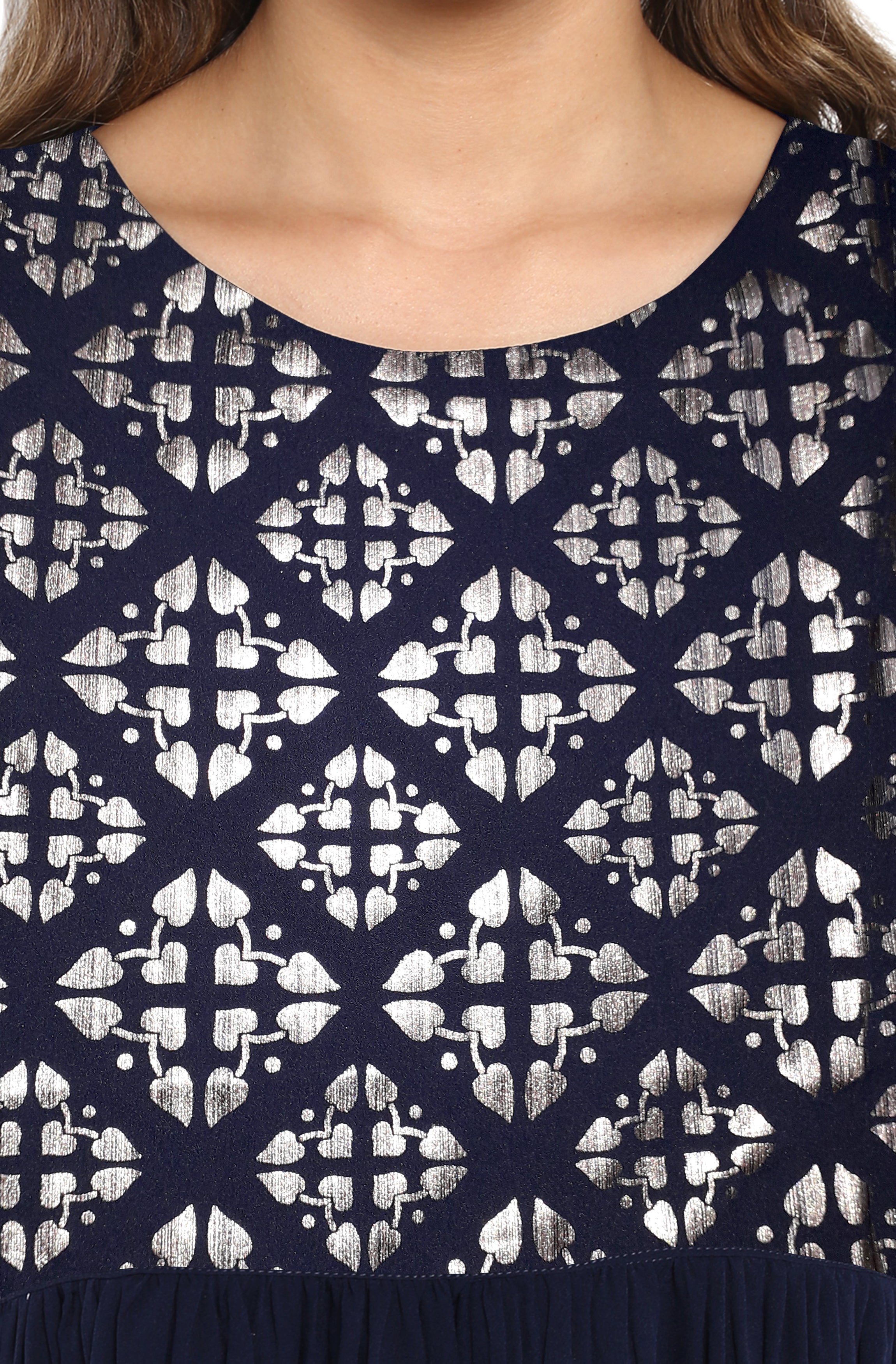 Janasya Dark Blue Poly Crepe Foil Print Flared kurta | Grocsy