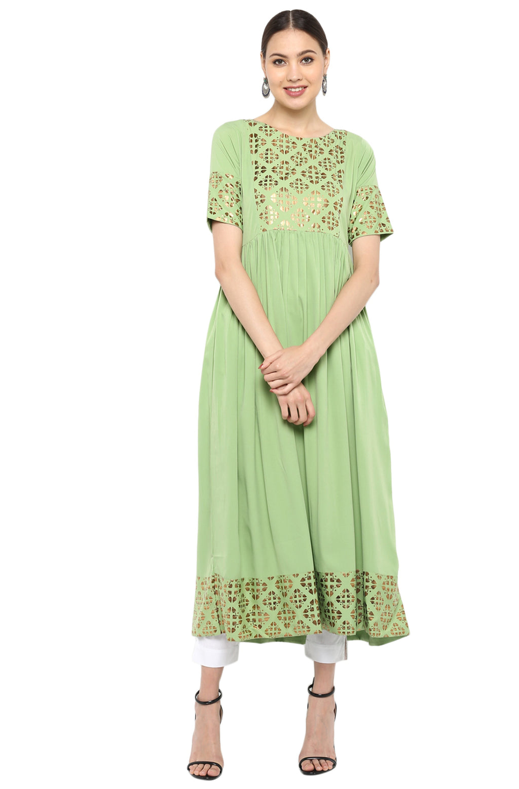 Janasya Light Green Poly Crepe Gold Print Flared kurta | Grocsy