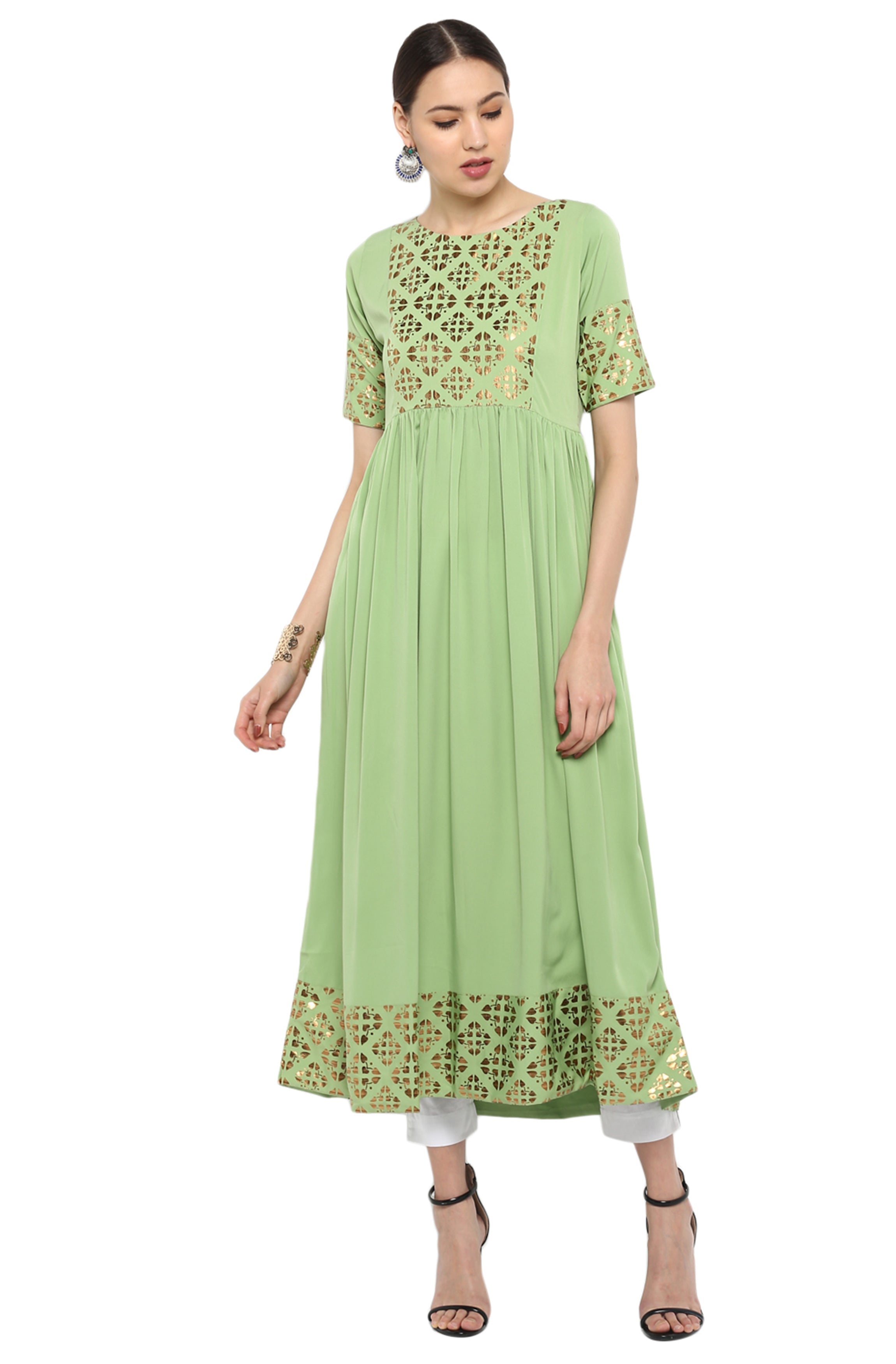 Janasya Light Green Poly Crepe Gold Print Flared kurta | Grocsy