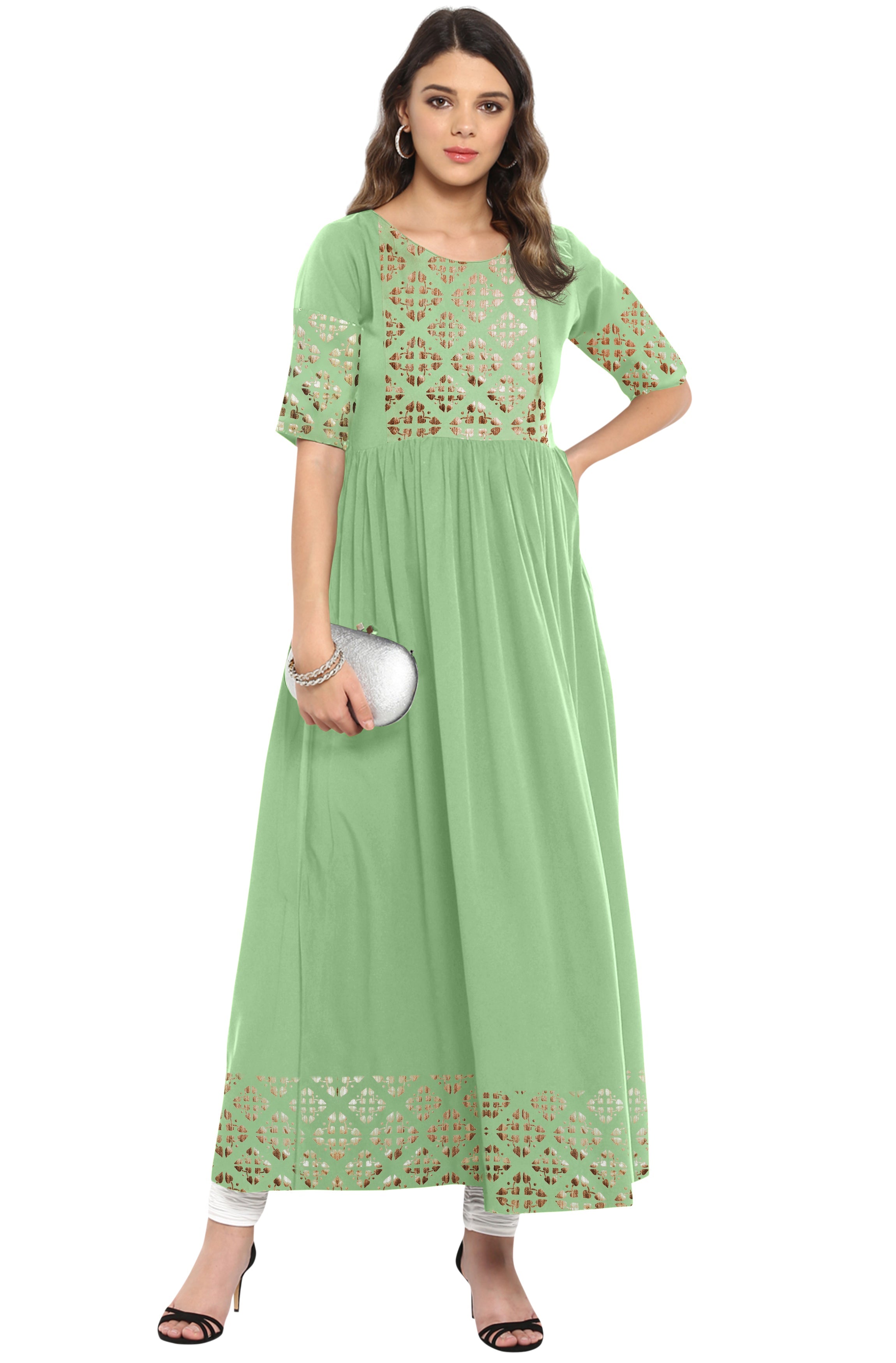 Janasya Light Green Poly Crepe Gold Print Flared kurta | Grocsy