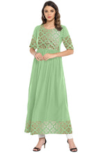 Janasya Light Green Poly Crepe Gold Print Flared kurta | Grocsy