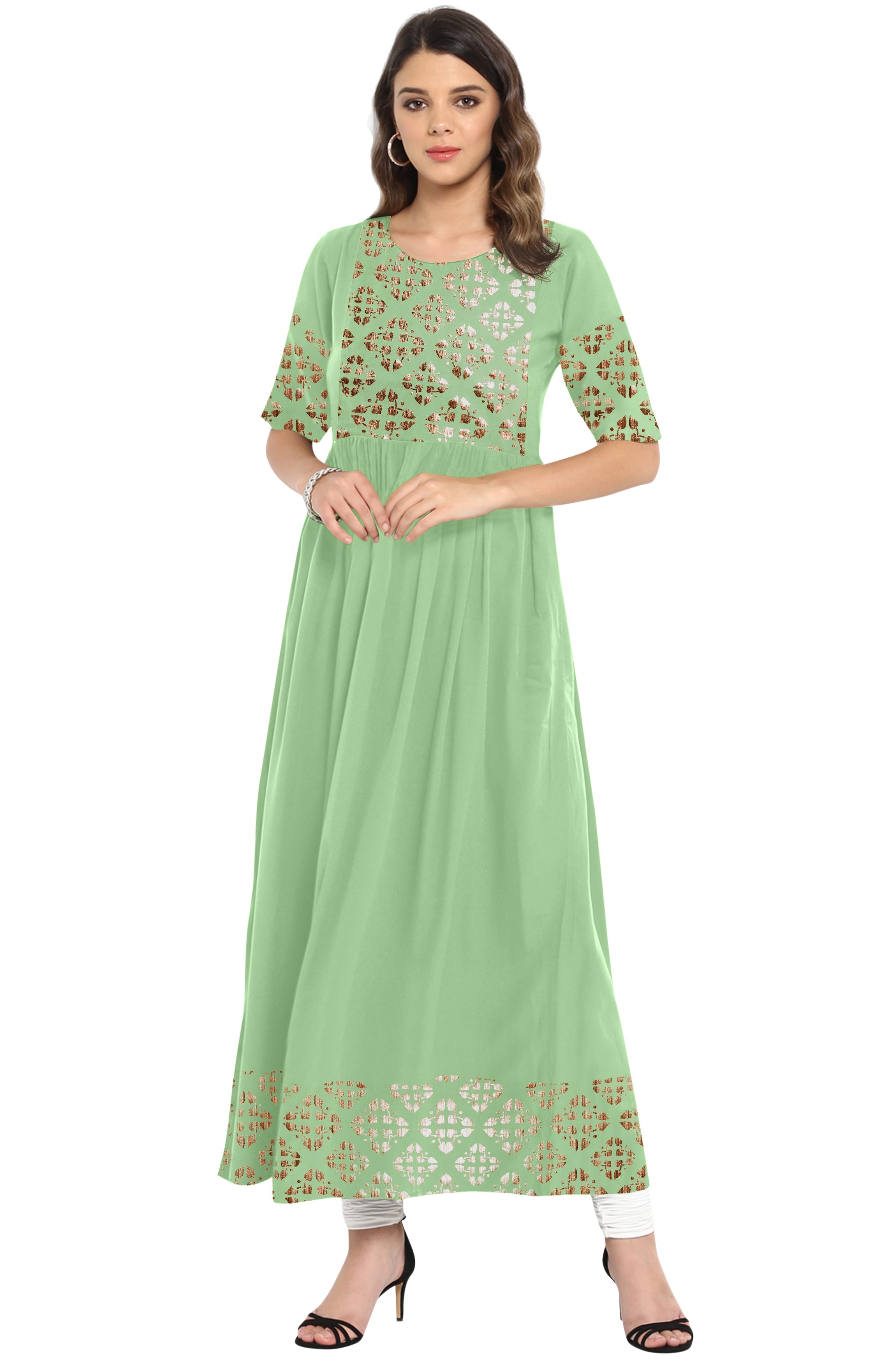 Janasya Light Green Poly Crepe Gold Print Flared kurta | Grocsy