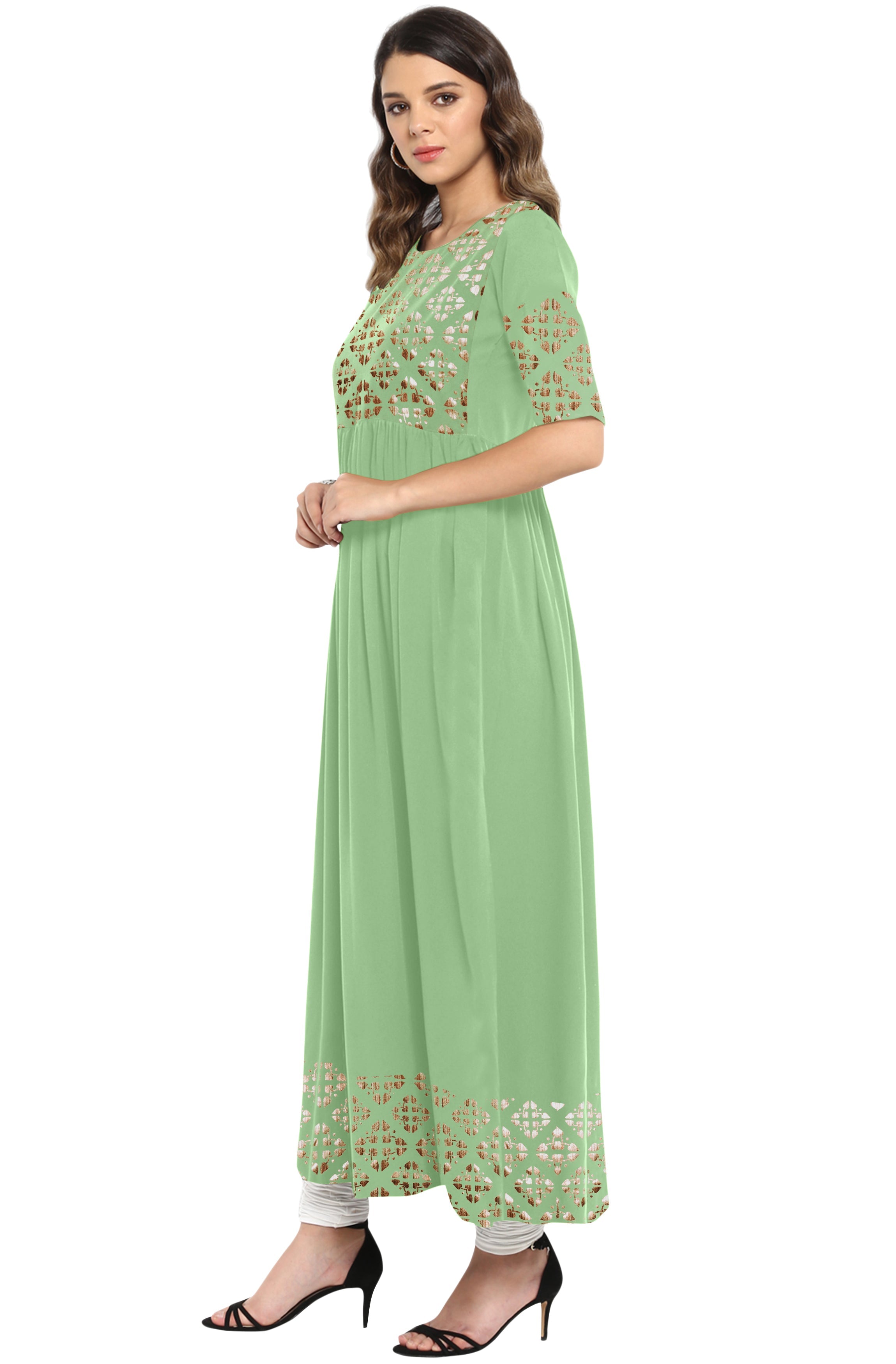 Janasya Light Green Poly Crepe Gold Print Flared kurta | Grocsy