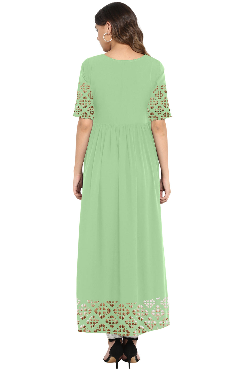 Janasya Light Green Poly Crepe Gold Print Flared kurta | Grocsy