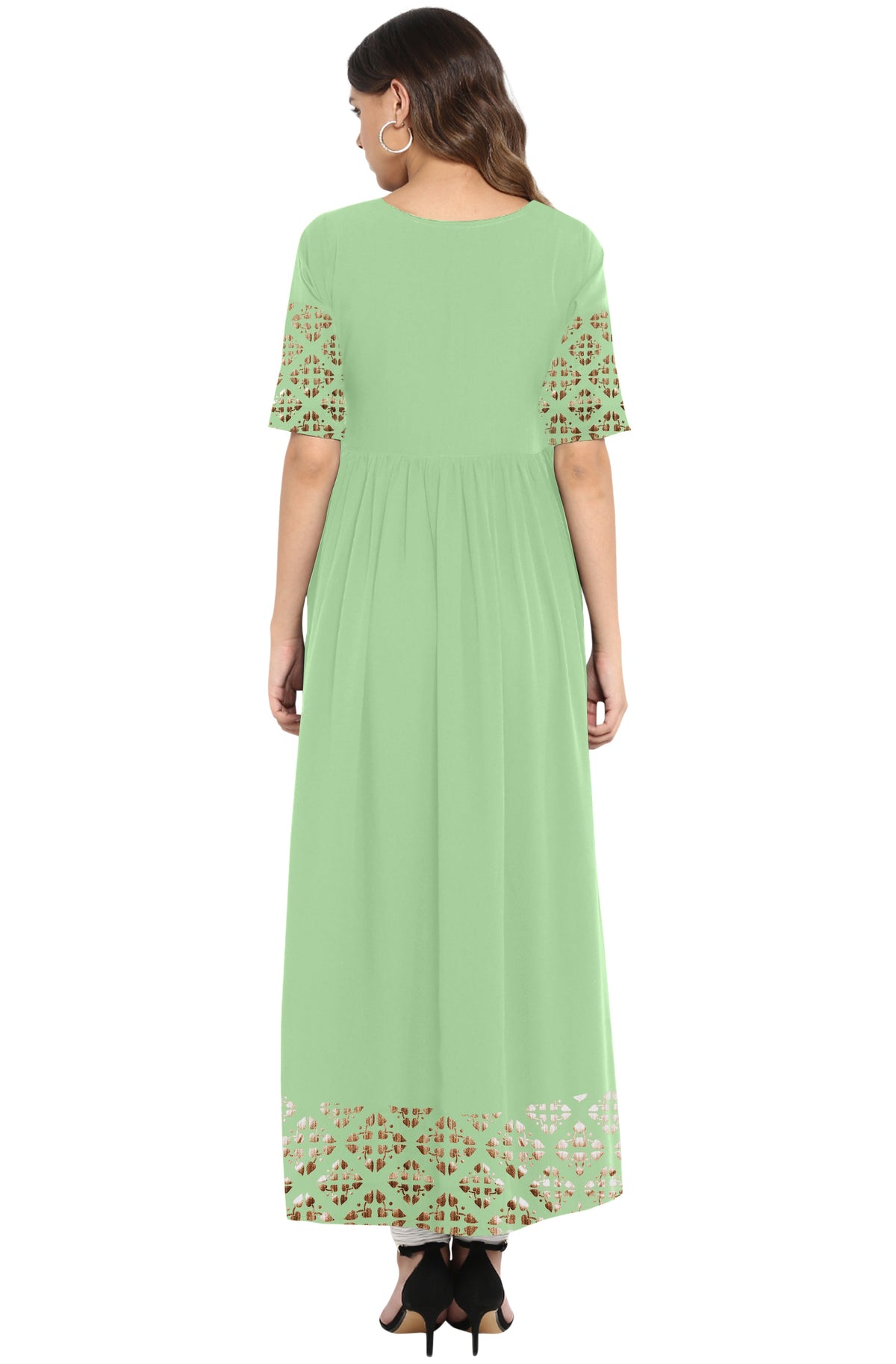 Janasya Light Green Poly Crepe Gold Print Flared kurta | Grocsy