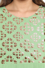 Janasya Light Green Poly Crepe Gold Print Flared kurta | Grocsy