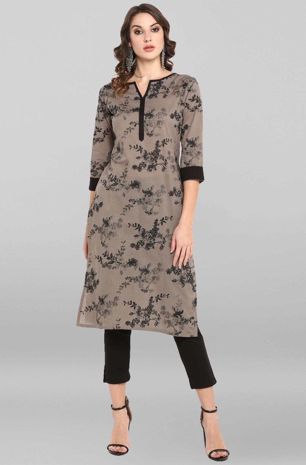 Janasya Women's Grey Cotton Floral Printed Casual Straight kurta | Grocsy