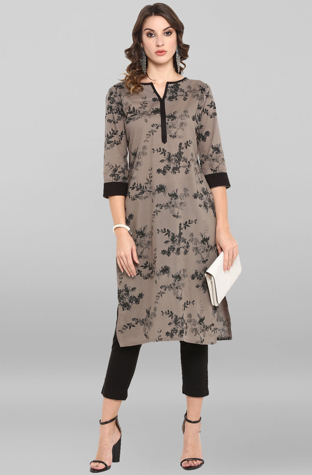 Janasya Women's Grey Cotton Floral Printed Casual Straight kurta | Grocsy