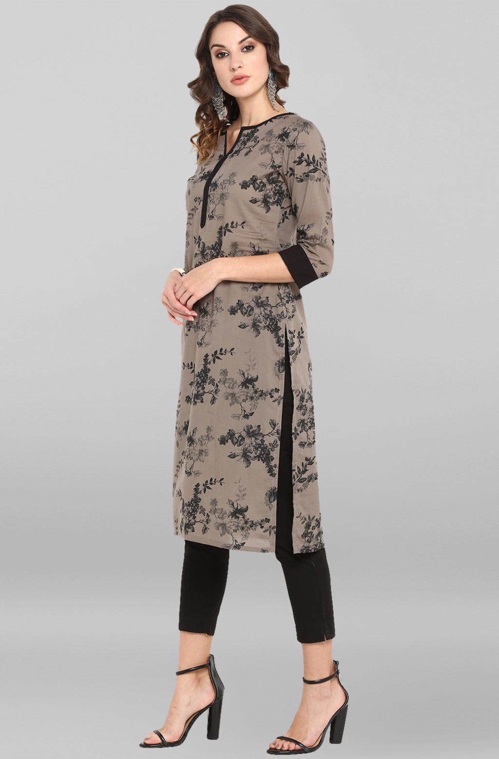 Janasya Women's Grey Cotton Floral Printed Casual Straight kurta | Grocsy