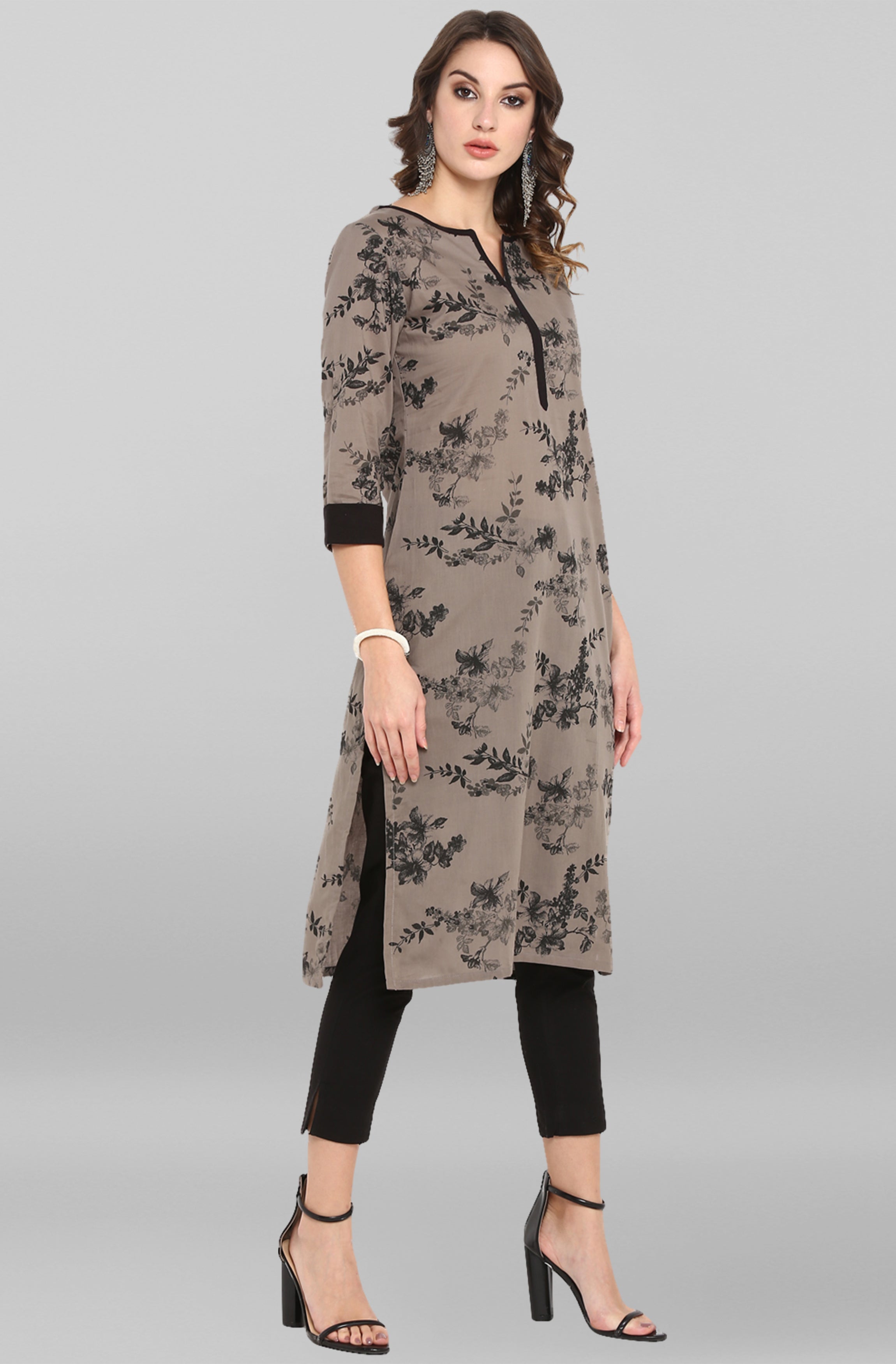 Janasya Women's Grey Cotton Floral Printed Casual Straight kurta | Grocsy