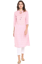Janasya Pink Cotton Floral Print Straight kurta | Grocsy