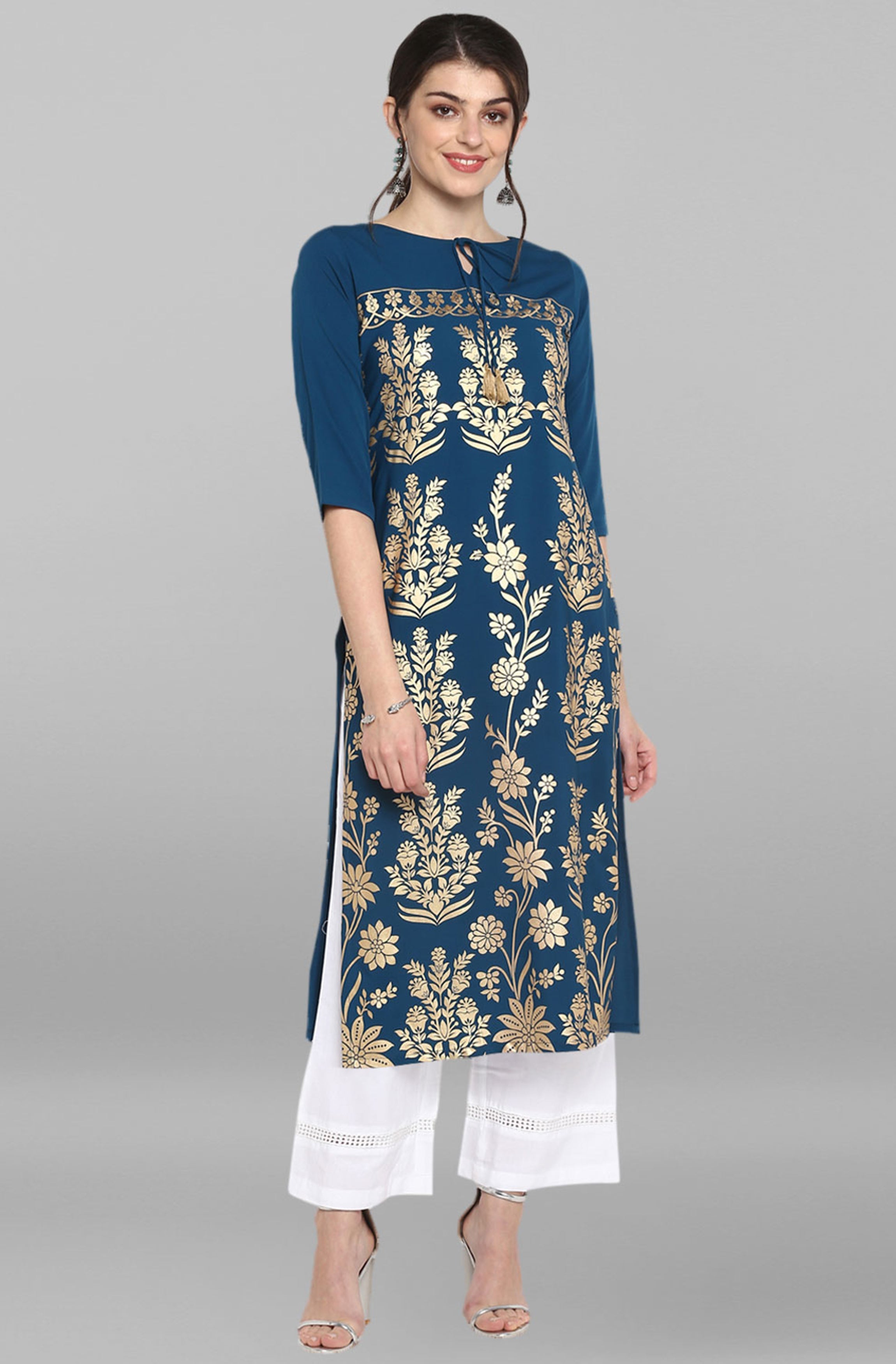 Janasya Women's Turquoise Blue Poly Crepe Gold Printed Festive & Party Straight kurta | Grocsy