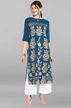 Janasya Women's Turquoise Blue Poly Crepe Gold Printed Festive & Party Straight kurta | Grocsy