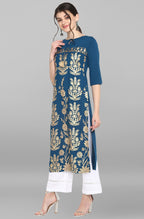 Janasya Women's Turquoise Blue Poly Crepe Gold Printed Festive & Party Straight kurta | Grocsy