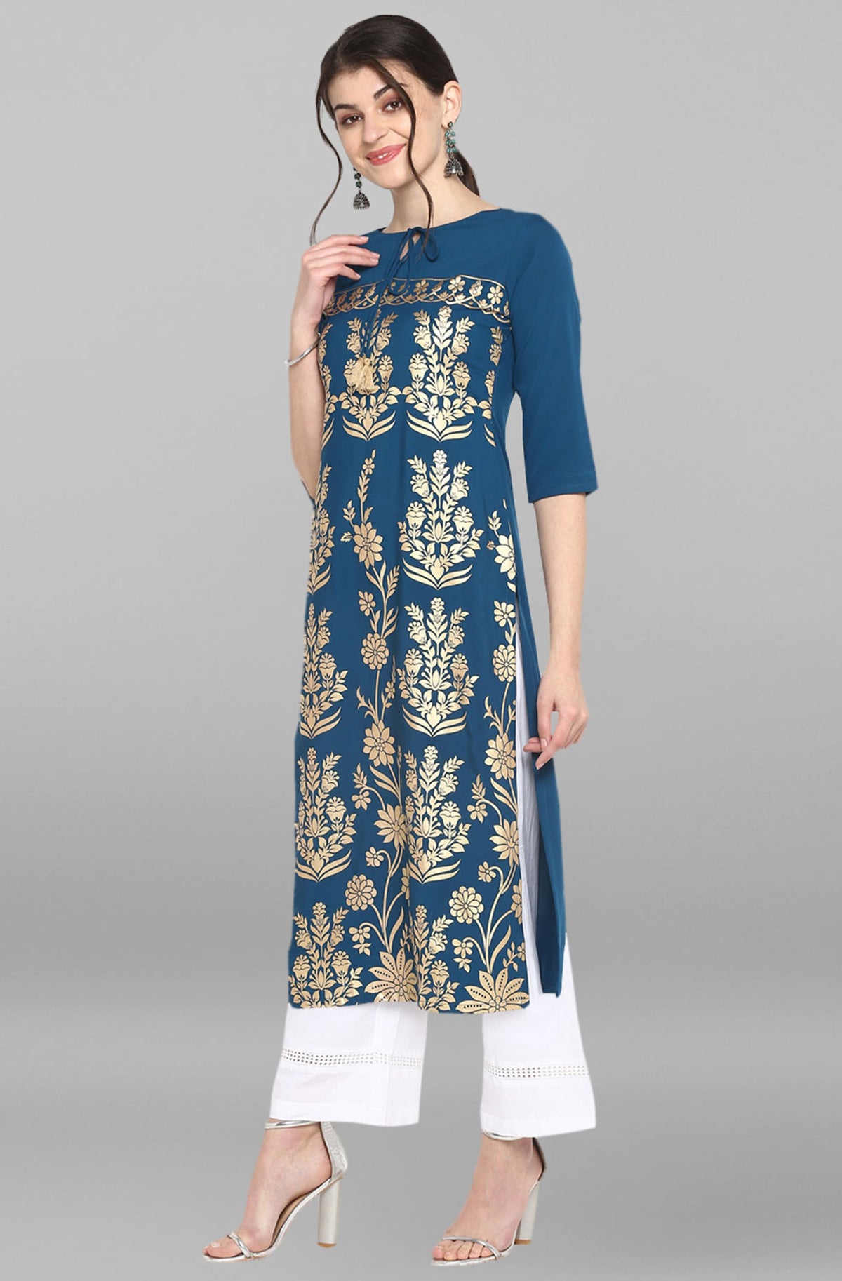 Janasya Women's Turquoise Blue Poly Crepe Gold Printed Festive & Party Straight kurta | Grocsy