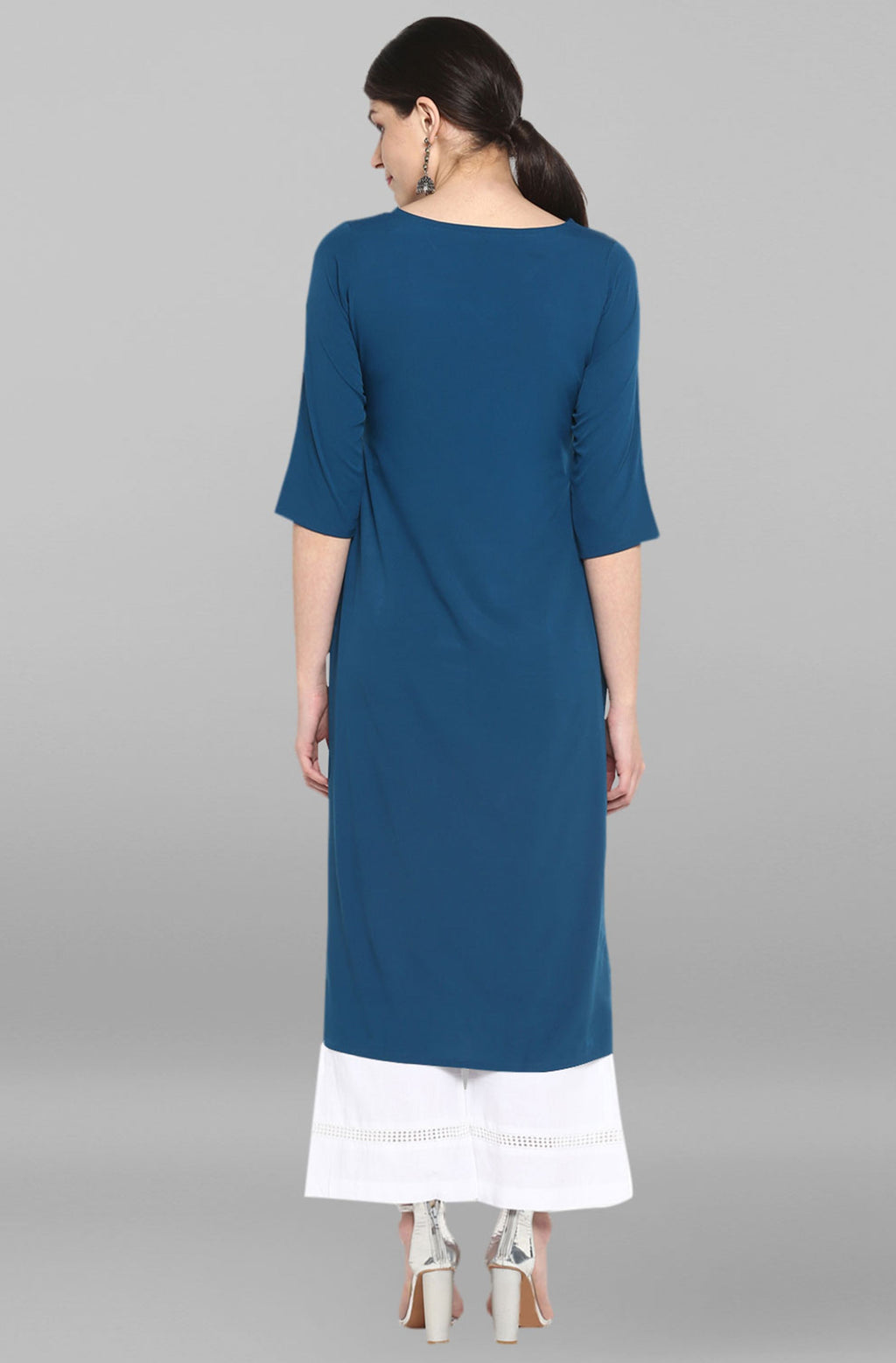Janasya Women's Turquoise Blue Poly Crepe Gold Printed Festive & Party Straight kurta | Grocsy