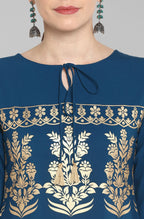 Janasya Women's Turquoise Blue Poly Crepe Gold Printed Festive & Party Straight kurta | Grocsy