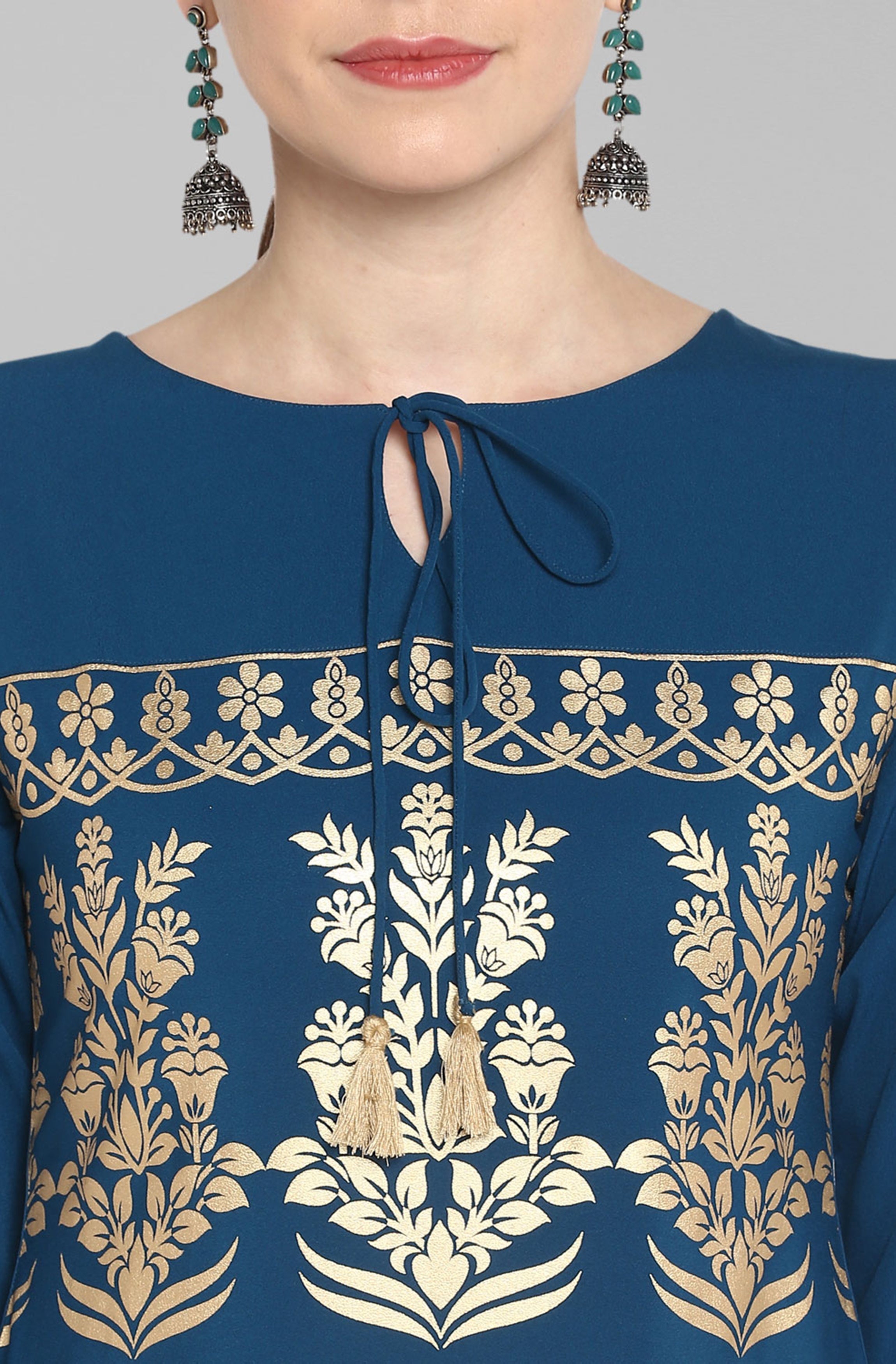 Janasya Women's Turquoise Blue Poly Crepe Gold Printed Festive & Party Straight kurta | Grocsy