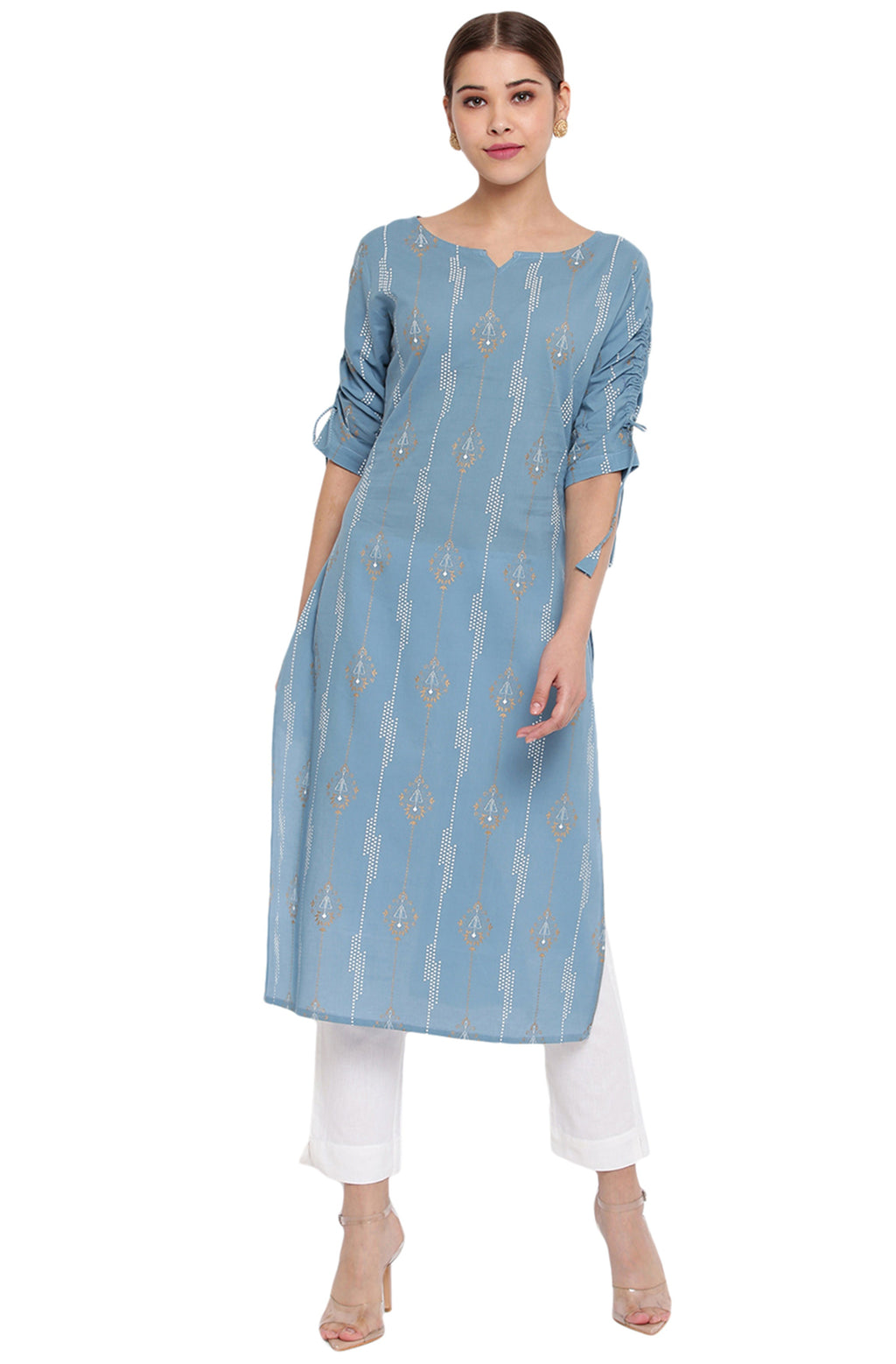 Janasya Turquoise Blue Cotton Ethnic Motifs Straight kurta | Grocsy