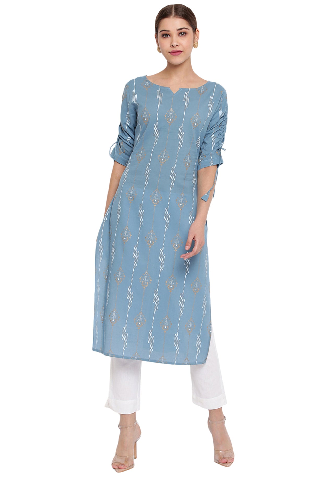 Janasya Turquoise Blue Cotton Ethnic Motifs Straight kurta | Grocsy
