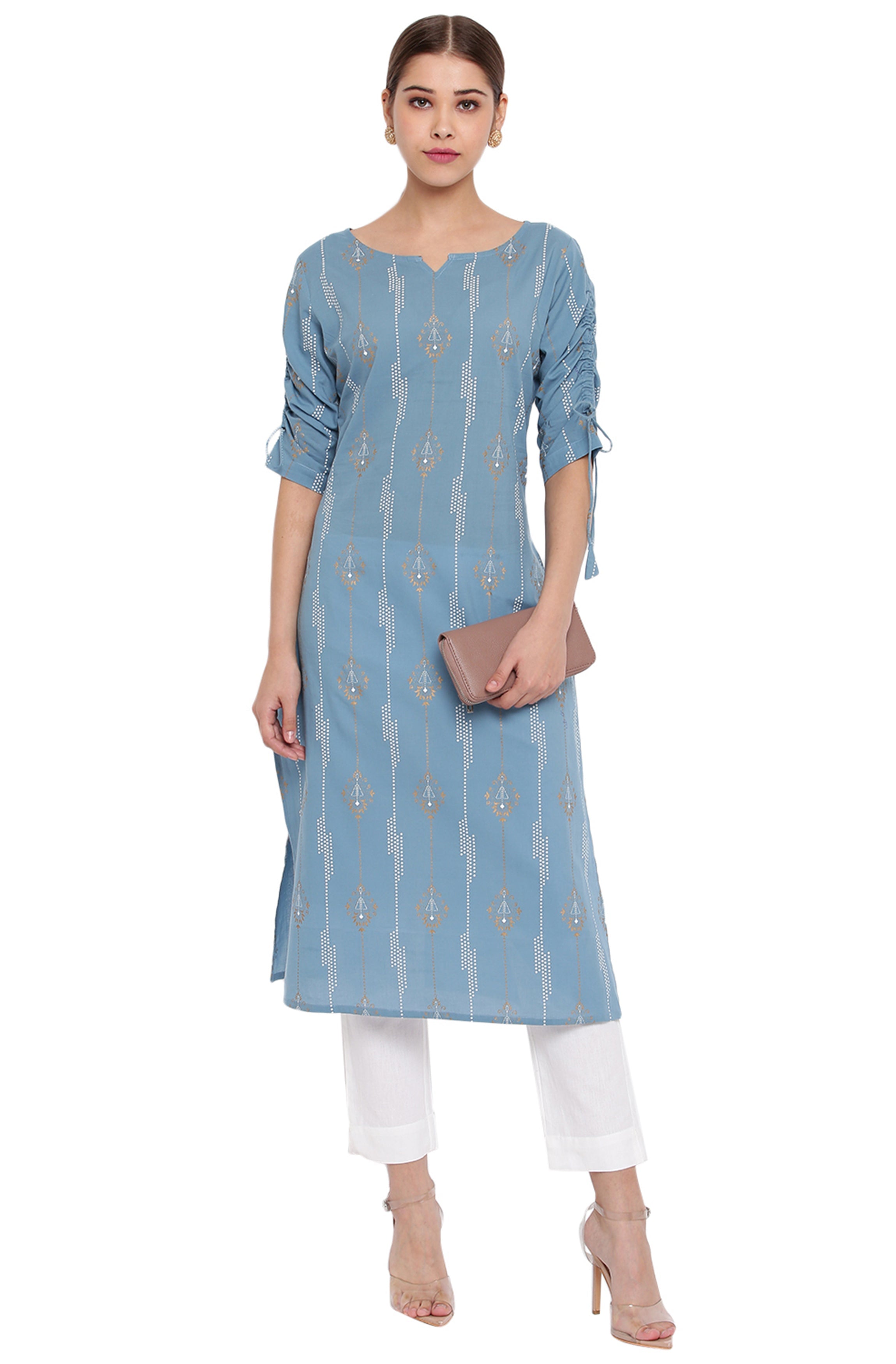 Janasya Turquoise Blue Cotton Ethnic Motifs Straight kurta | Grocsy