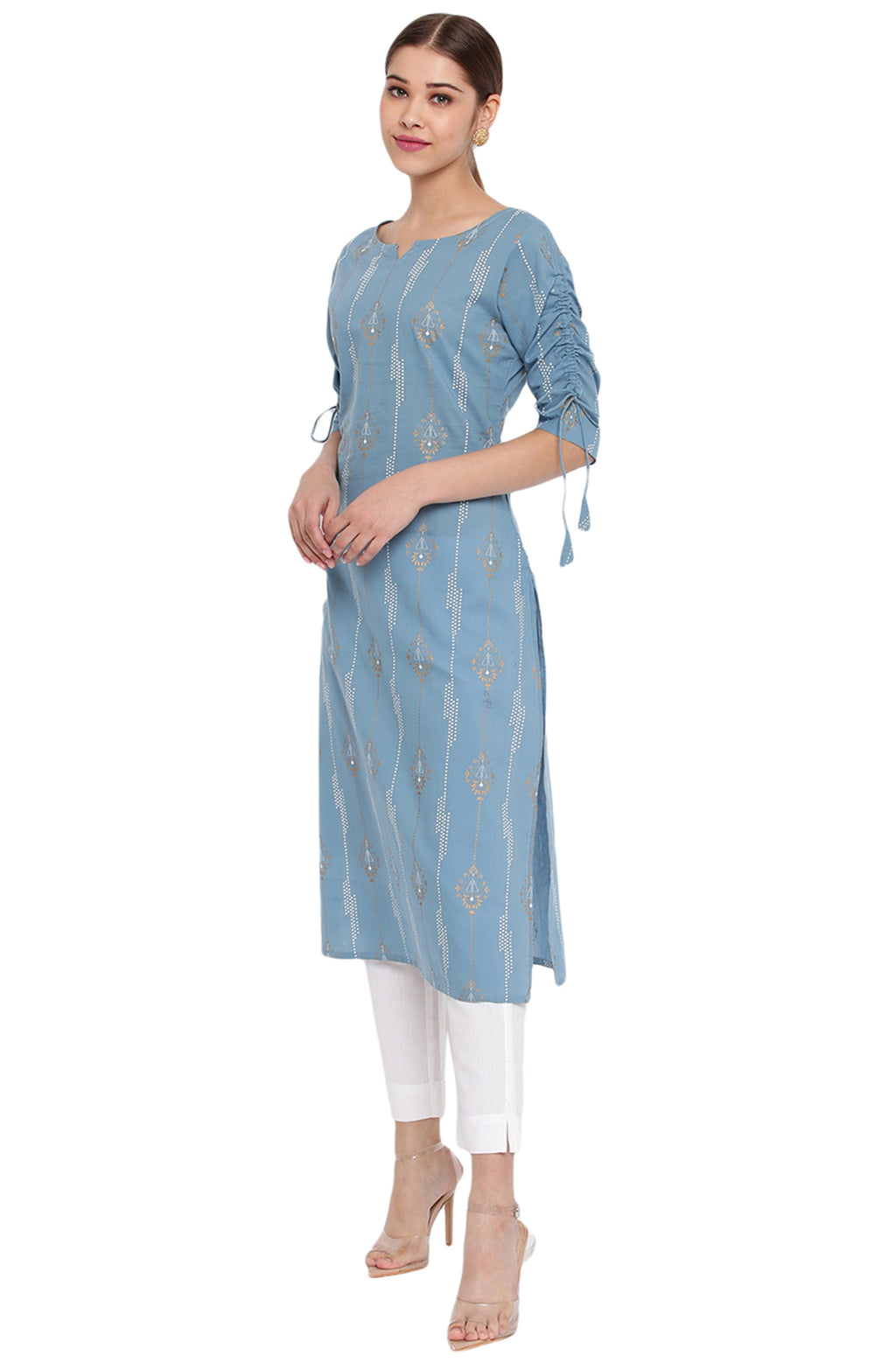Janasya Turquoise Blue Cotton Ethnic Motifs Straight kurta | Grocsy