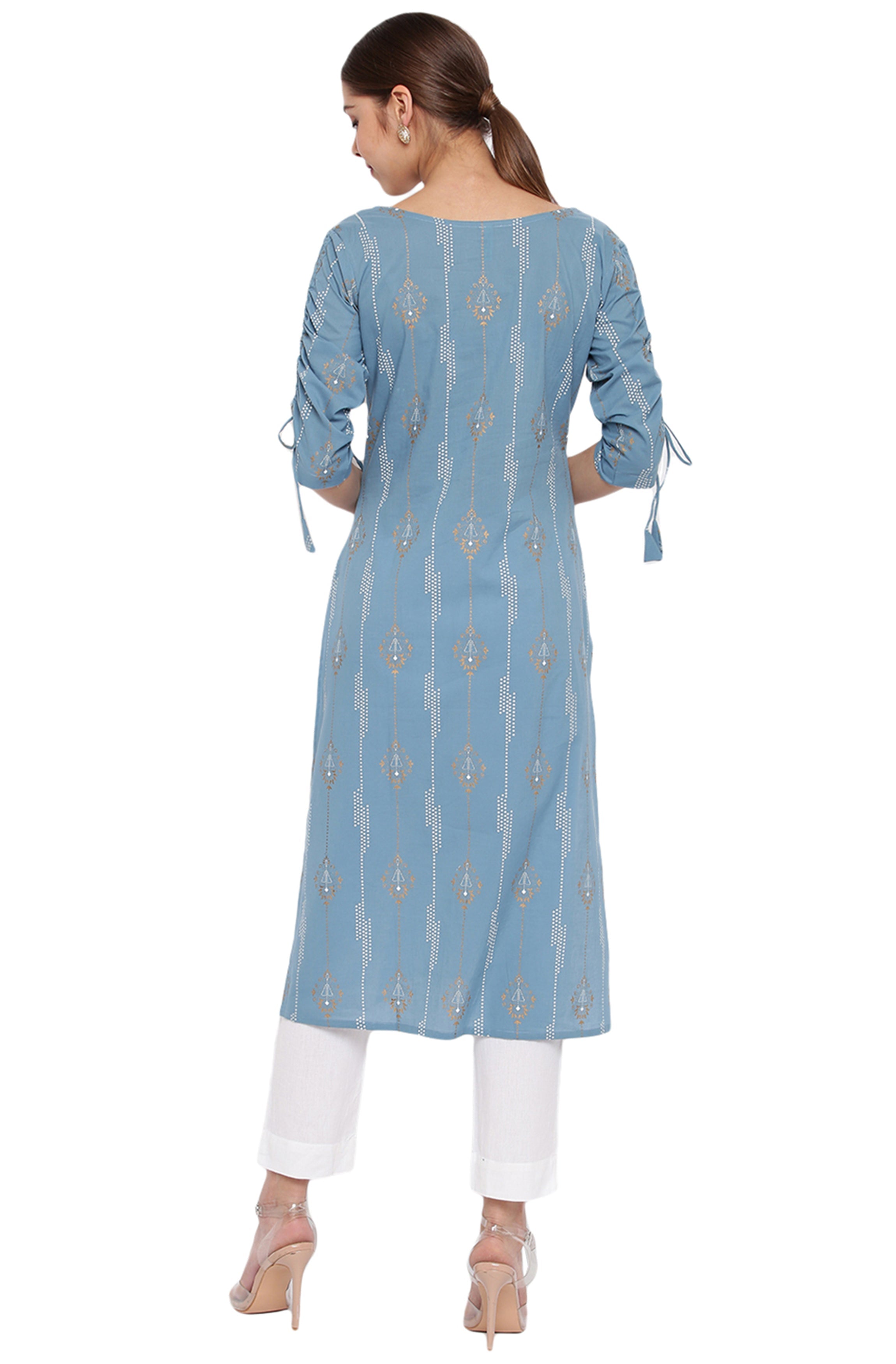 Janasya Turquoise Blue Cotton Ethnic Motifs Straight kurta | Grocsy