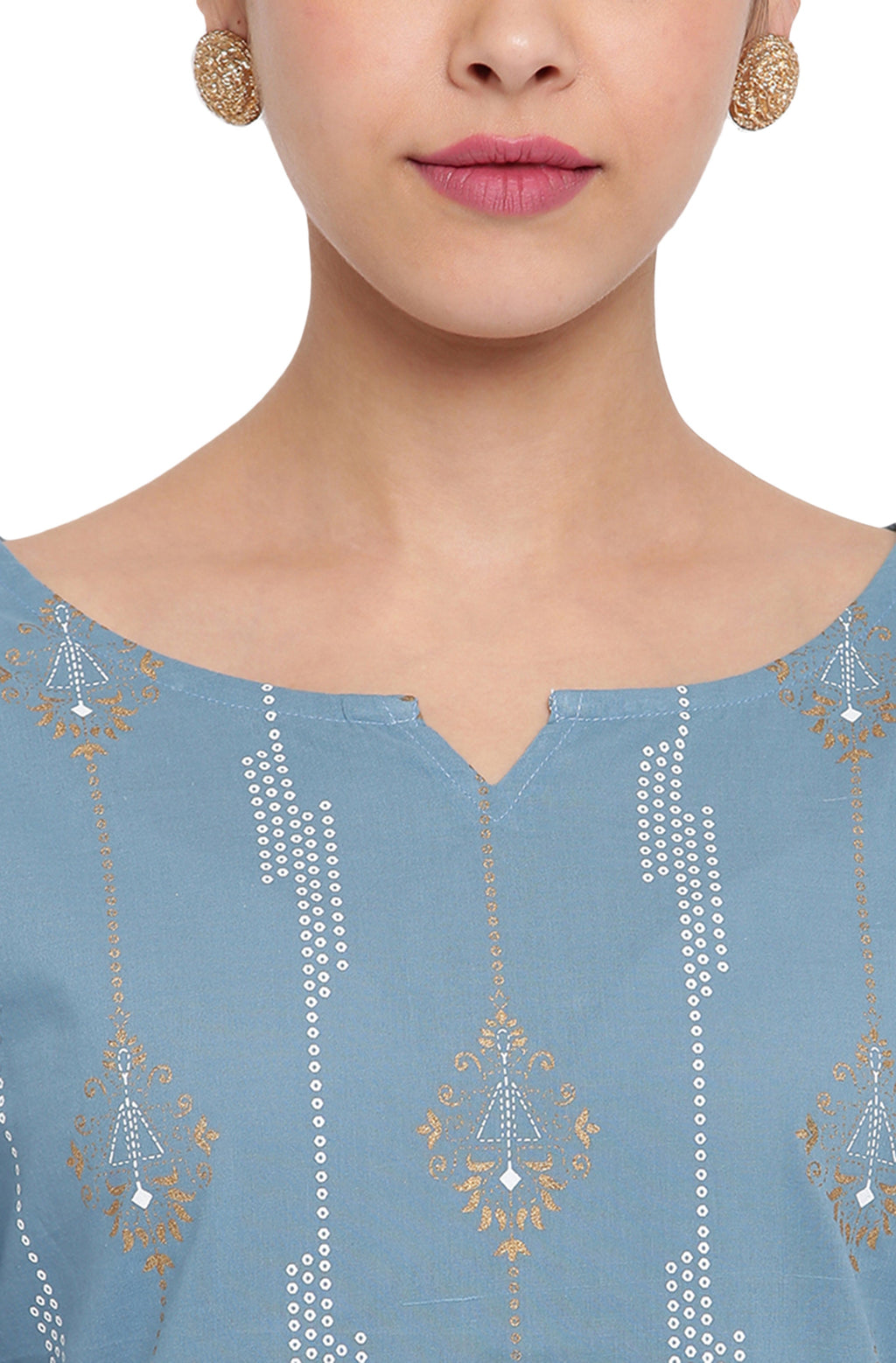 Janasya Turquoise Blue Cotton Ethnic Motifs Straight kurta | Grocsy