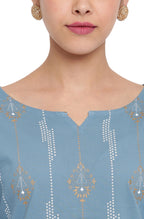 Janasya Turquoise Blue Cotton Ethnic Motifs Straight kurta | Grocsy