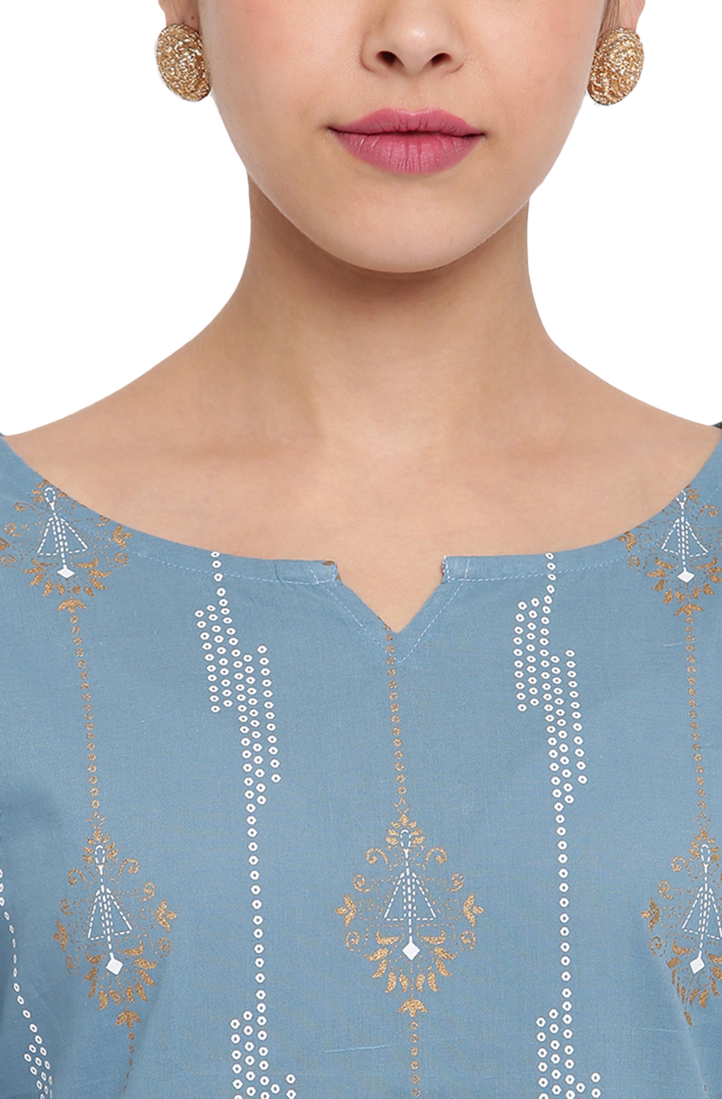 Janasya Turquoise Blue Cotton Ethnic Motifs Straight kurta | Grocsy