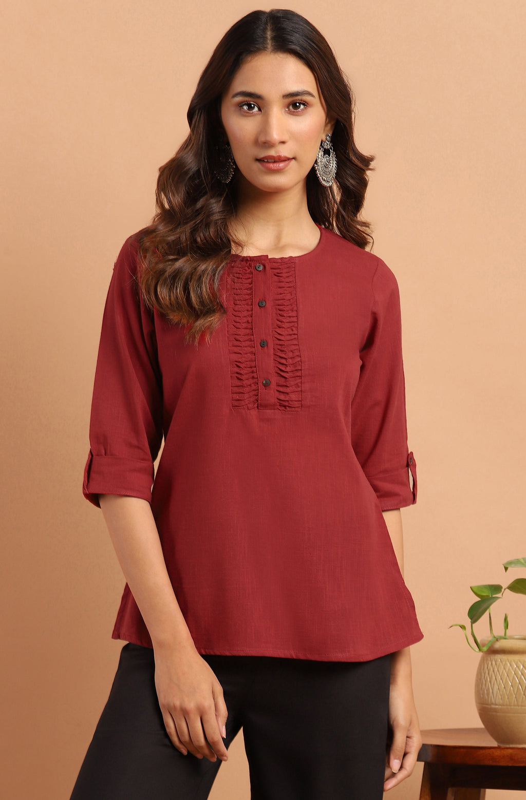 Janasya Women's Maroon Cotton Slub Solid Regular Top | Grocsy