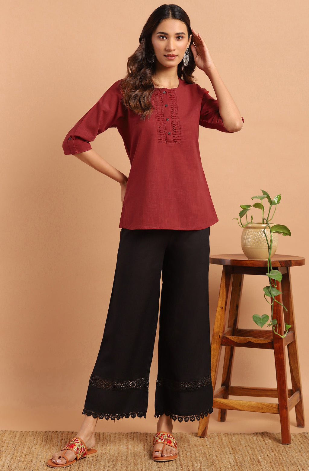 Janasya Women's Maroon Cotton Slub Solid Regular Top | Grocsy