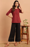 Janasya Women's Maroon Cotton Slub Solid Regular Top | Grocsy