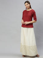 Janasya Women's Maroon Cotton Slub Solid Regular Top | Grocsy