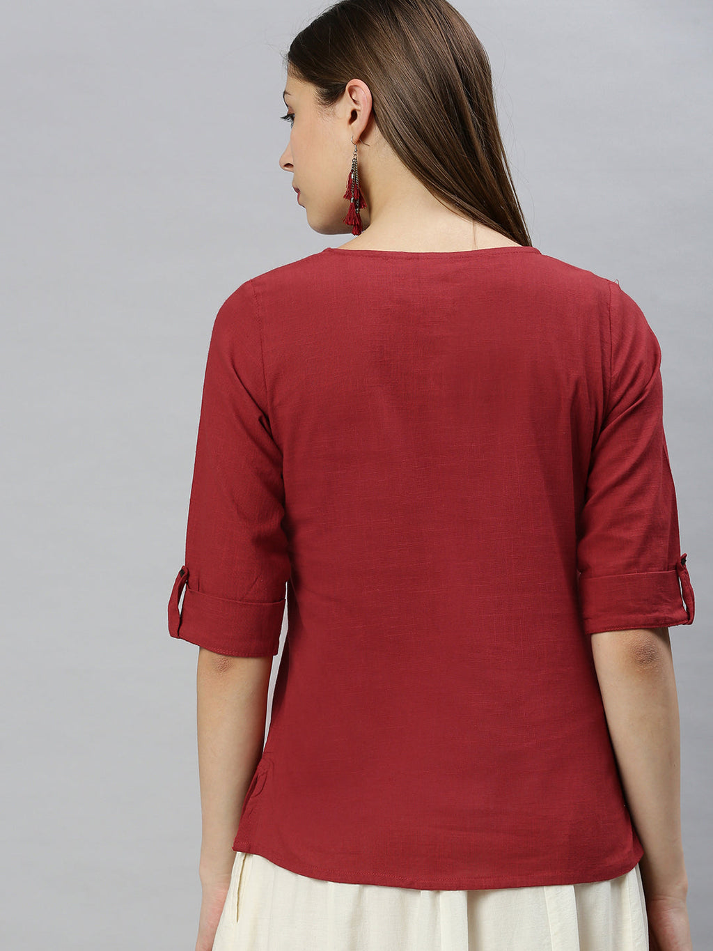 Janasya Women's Maroon Cotton Slub Solid Regular Top | Grocsy
