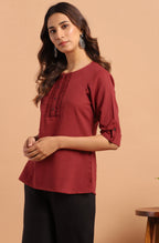 Janasya Women's Maroon Cotton Slub Solid Regular Top | Grocsy